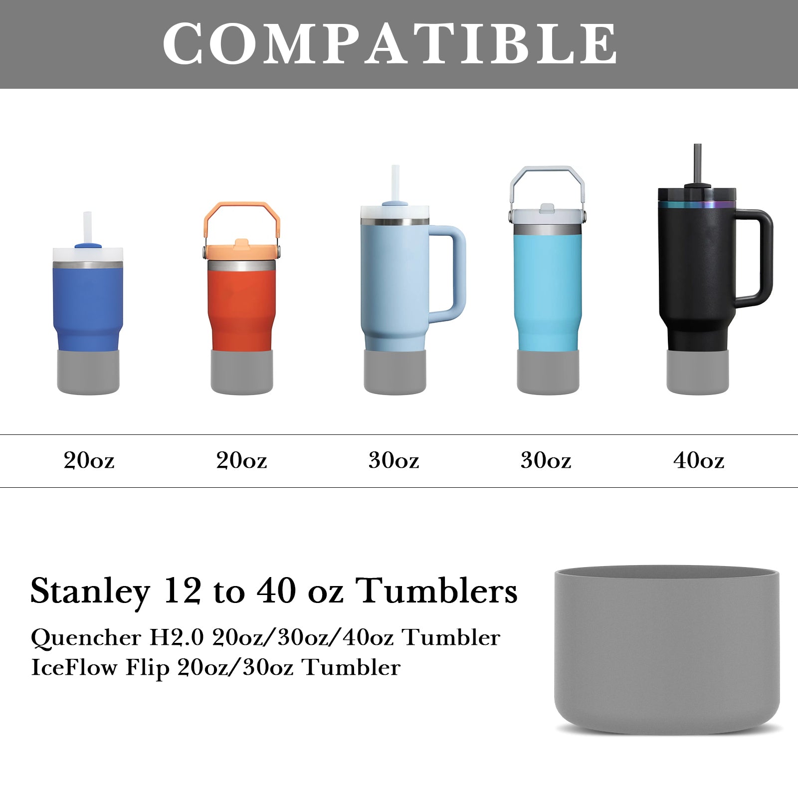 Linkidea 2 Pack Water Bottle Boot Compatible with Stanley Quencher H2.0 20oz/30oz/40oz, IceFlow Flip 20oz/30oz, Silicone Water Bottle Bottom Sleeve Cover Bumper Protector (Gray)