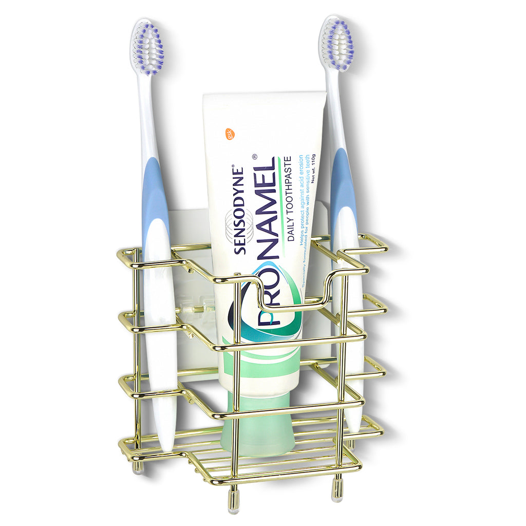 Linkidea Wall Mount/Countertop Toothbrush Holder for Shower, Stainless Steel Toothpaste Stand, 3 Slots Organizer Compatible with Colgate Extra Clean, Oral-B CrossAction (Gold)