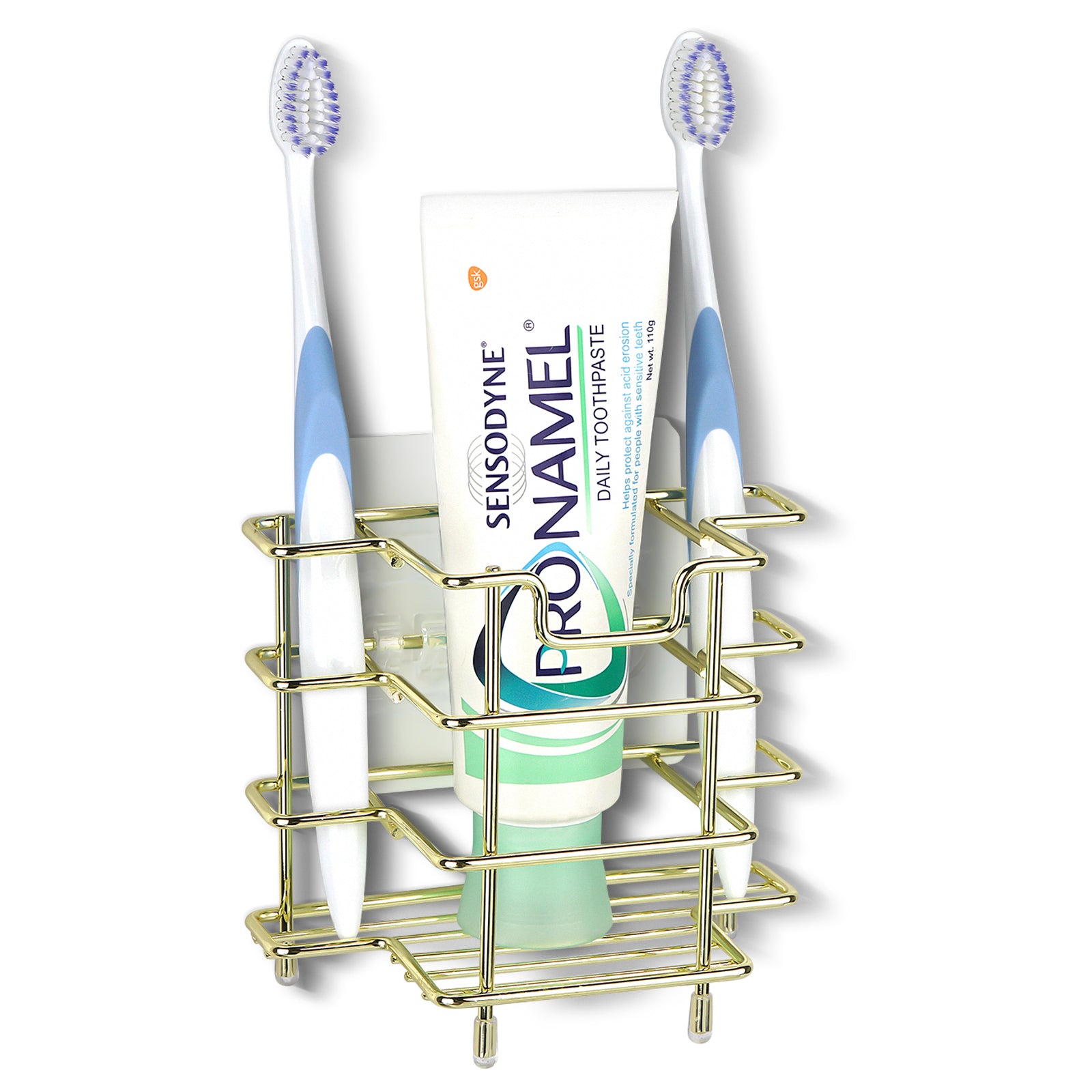 Linkidea Wall Mount/Countertop Toothbrush Holder for Shower, Stainless Steel Toothpaste Stand, 3 Slots Organizer Compatible with Colgate Extra Clean, Oral-B CrossAction (Gold)