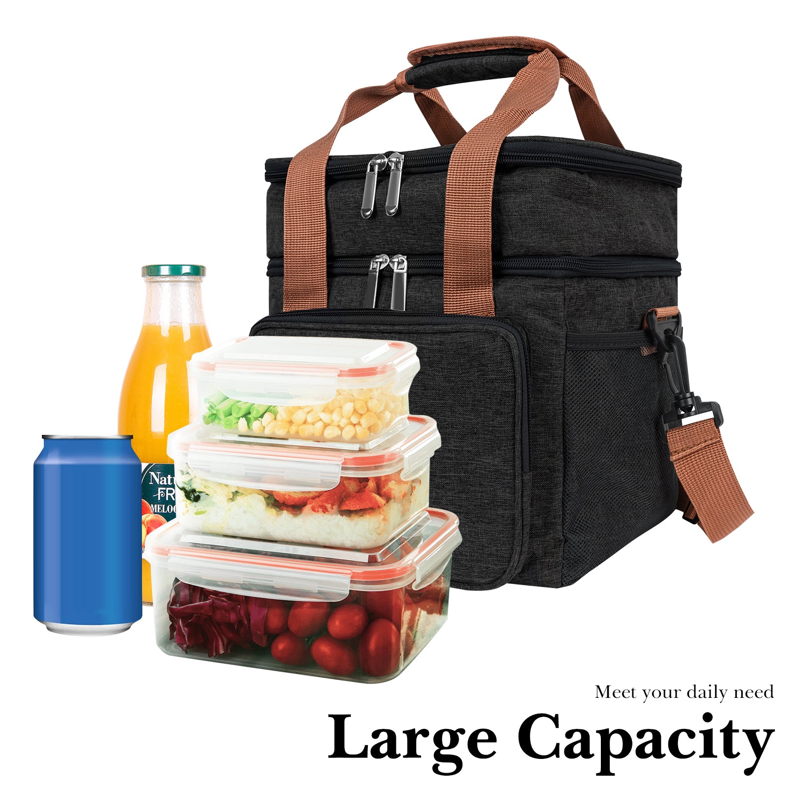 Linkidea Lunch Box Bag, Insulated Lunch Bag with 2 Layers for Food Jar and Lunch Box Storage, Oxford Reusable Lunch Tote Bag (Black)