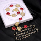 Plus Size Chain Belt for Women, Gold and Red Waist Belt, 51 Inch Adjustable Chunky Fashion Body Chain for Dresses, Party, Casual Wear, Jewelry Accessory (Four Leaf Clover Style)