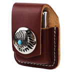 Linkidea Vegan Leather Lighter Pouch with Retro Feather Medallion, Protective Lighter Holster Compatible with Zippo Classic Models, Belt Loop Travel Case (Brown)