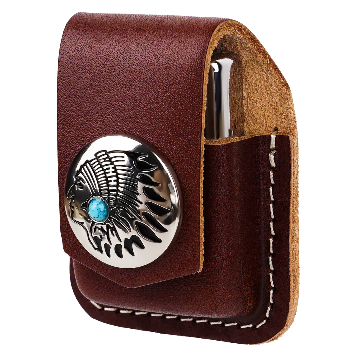 Linkidea Vegan Leather Lighter Pouch with Retro Feather Medallion, Protective Lighter Holster Compatible with Zippo Classic Models, Belt Loop Travel Case (Brown)