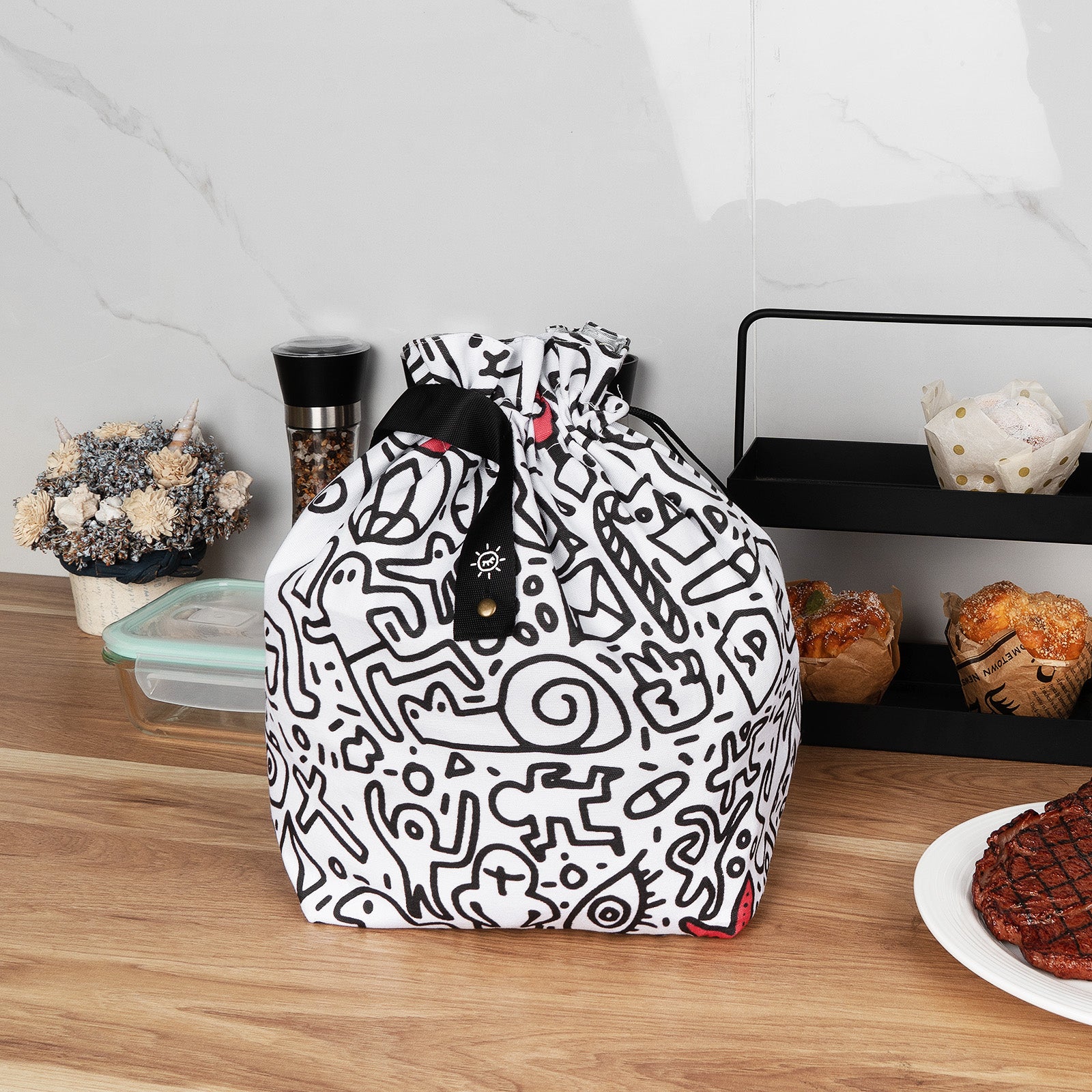 Linkidea Cute Lunch Bag with Handle, Drawstring Swig Lunch Bag, Cute Lunch Bags for Women Work Picnic Travel, Compatible with Bentogo, LunchBots, EasyLunchboxes (White)