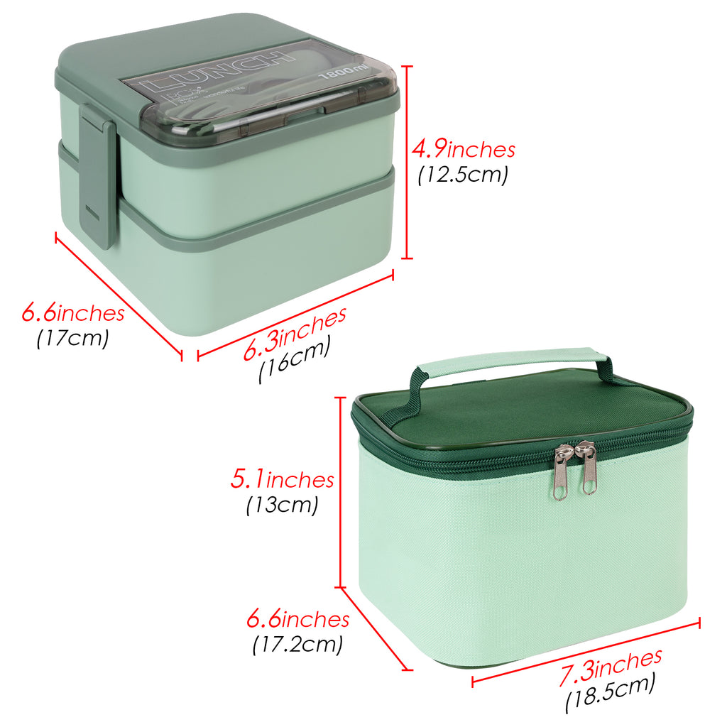 Linkidea Bento Box with Lunch Bag, Reusable Food Container with Double Layer Multi Compartment and Flatware, Food Box with Leak-Proof Cover Fit to Microwave/Dishwasher/Freezer Safe (1800ML, Green)