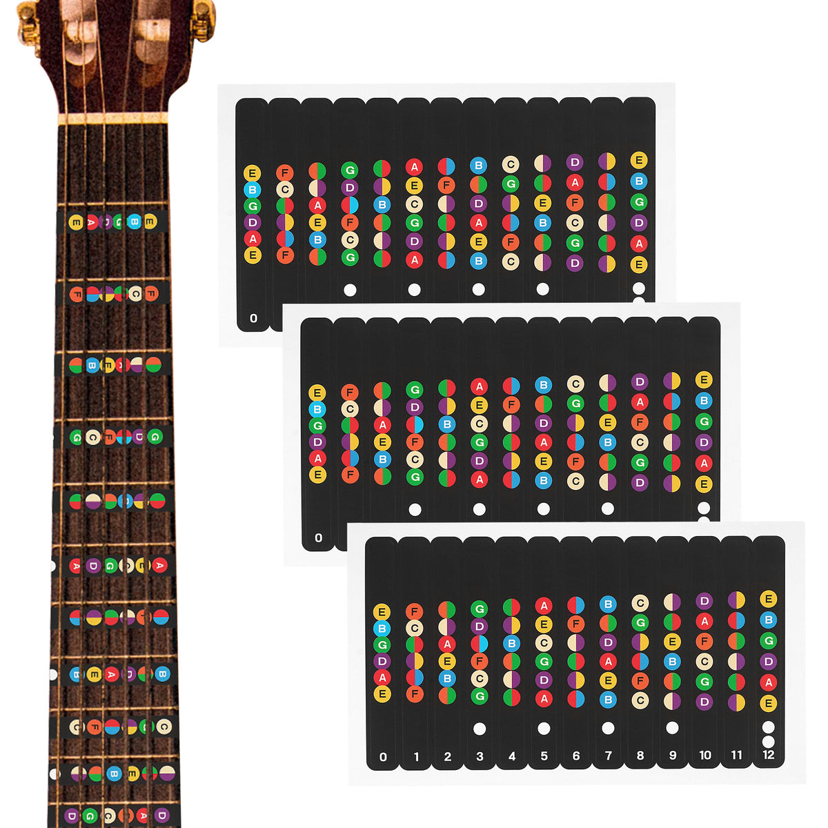 Linkidea Guitar Fretboard Stickers, Chord Learning Tools, Color Coded Note Stickers for Acoustic and Electric Guitars (Colorful) 3 Pack