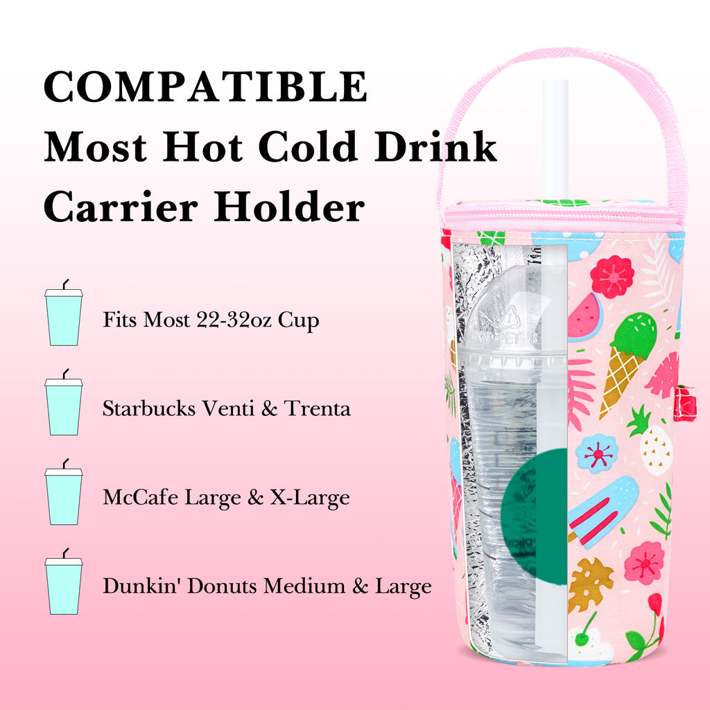 Linkidea Iced Coffee Cup Carrier Holder Compatible with Starbucks Venti and Trenta, Dunkin'Donuts, Oxford Cloth Drink Cooler Warmer Bag for 22oz - 32oz Coffee Beverage Drinks Cup, Pink
