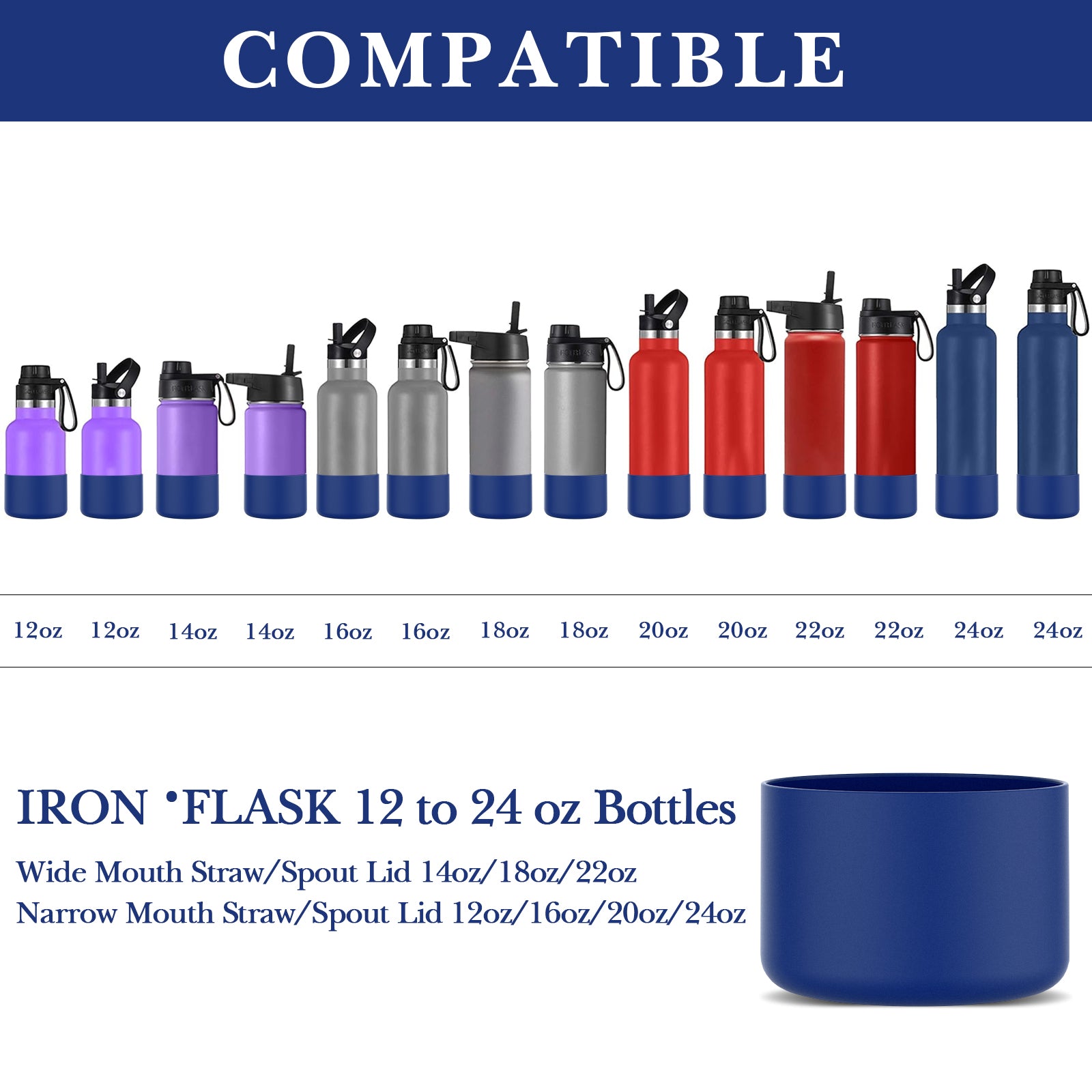 Linkidea 2 Pack Water Bottle Boot Compatible with IRON °FLASK Wide/Narrow Mouth 12oz/14oz/16oz/18oz/20oz/22oz/24oz, Silicone Bottle Bottom Sleeve Cover Bumper Protector (Cobalt)