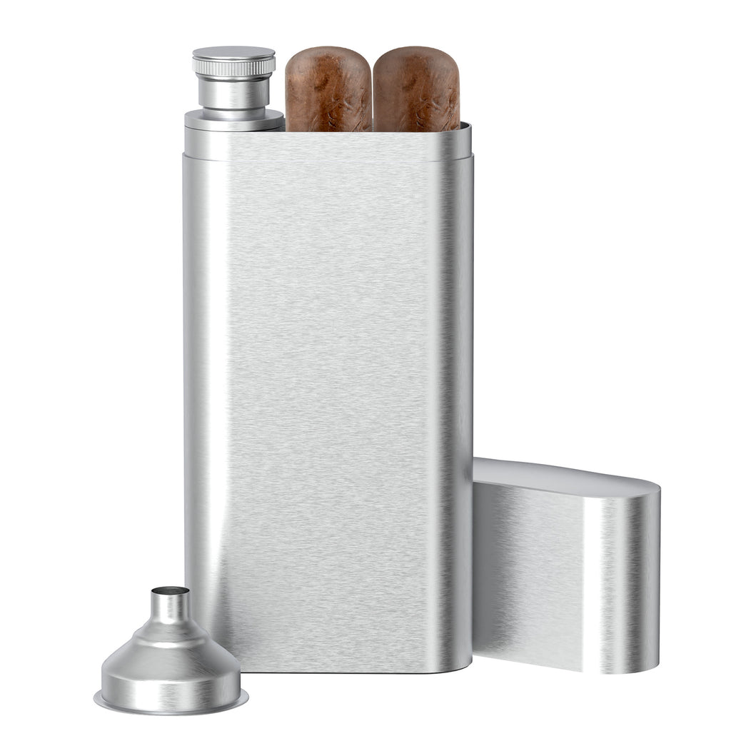 Linkidea 2oz Stainless Steel Hip Flask with Cigar Tube and Funnel, Portable Travel Case Fits 50 Ring Gauge, Gift for Men (Silver)