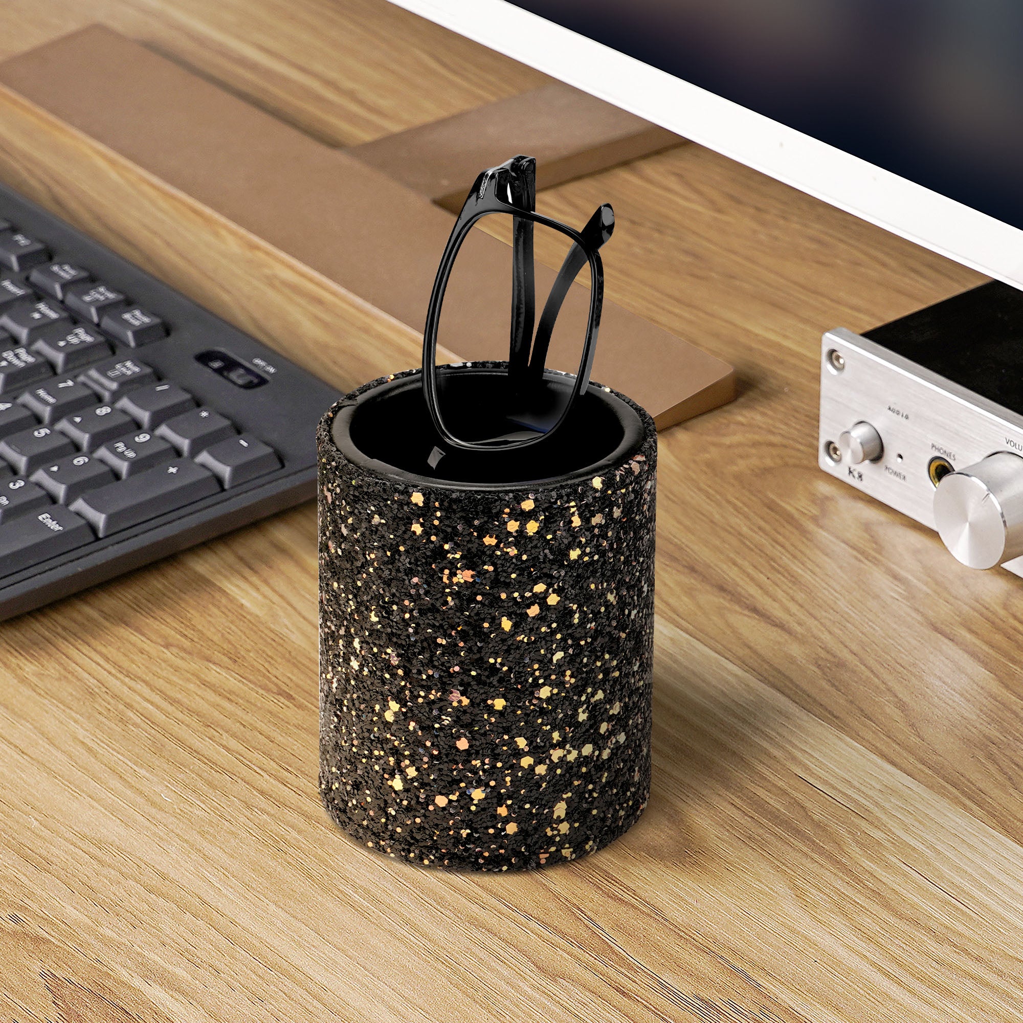 Eyeglasses Desk Holder Stand, Vegan Leather Lined Reading Glasses Holder for Nightstand Office Desk Organizer (Black)