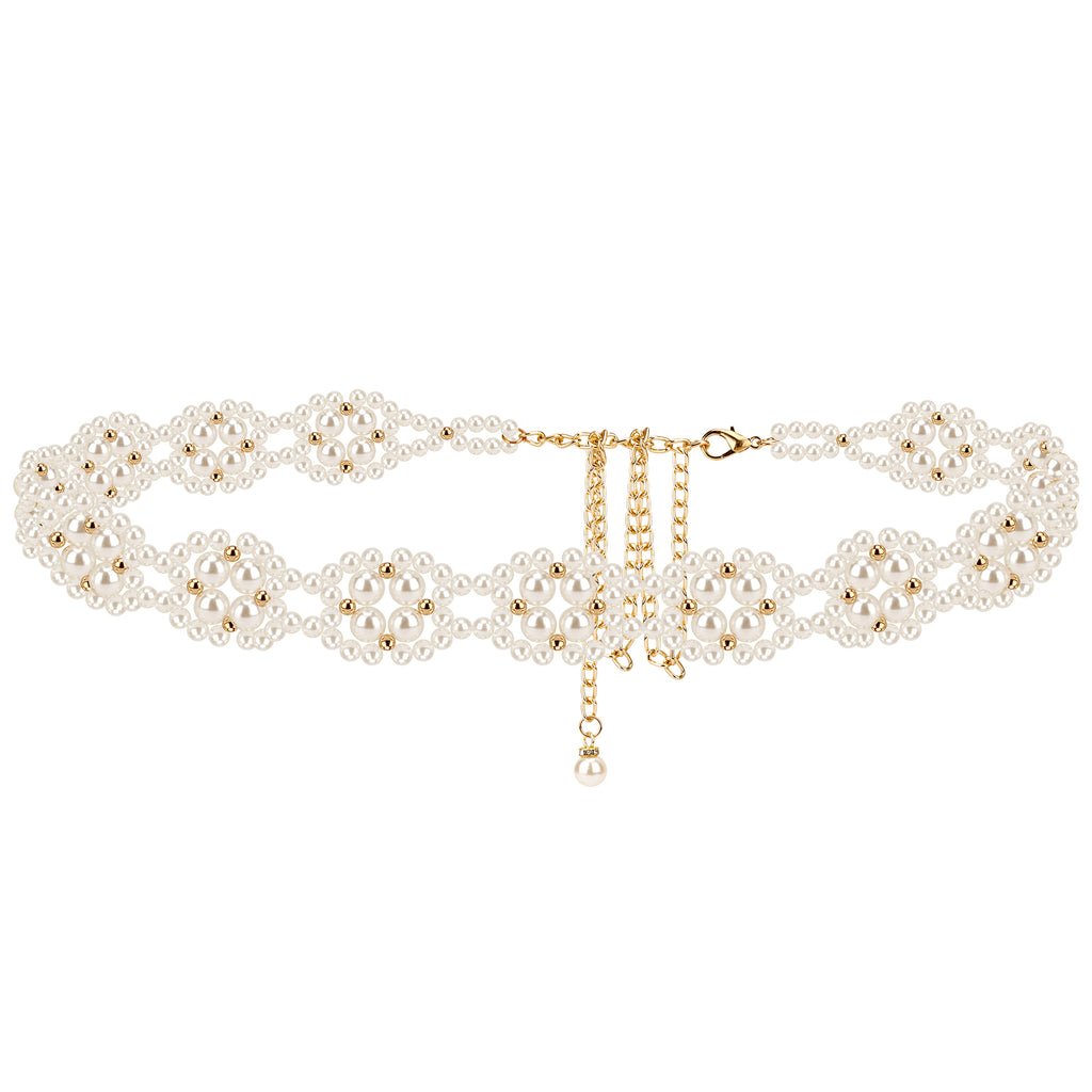 Large Waist Belt for Women, 26.8-39.4 Inch Metal Adjustable Chunky Waist Chains, Gold Color and White Pearl Fashion Jewelry Accessory