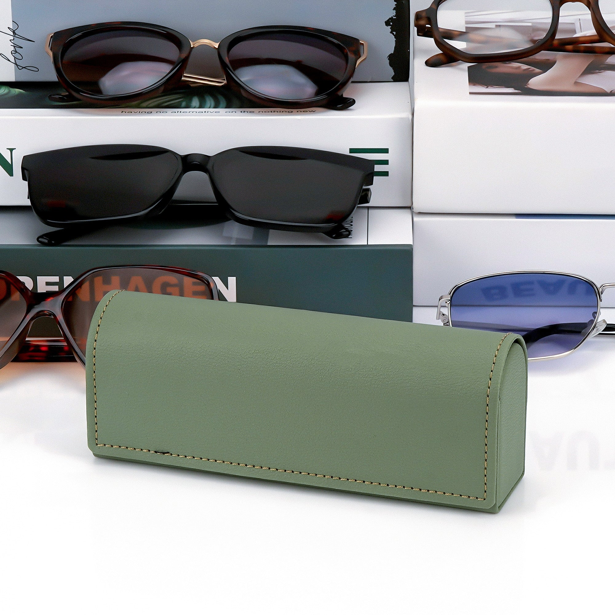 Extra Large Hard Shell Sunglasses Case, Green Vegan Leather Sun Glasses Storage Bag Pouch Organizer Compatible with Persol PO3357S PO3235S PO3366S RayBan RB3647N RB2197