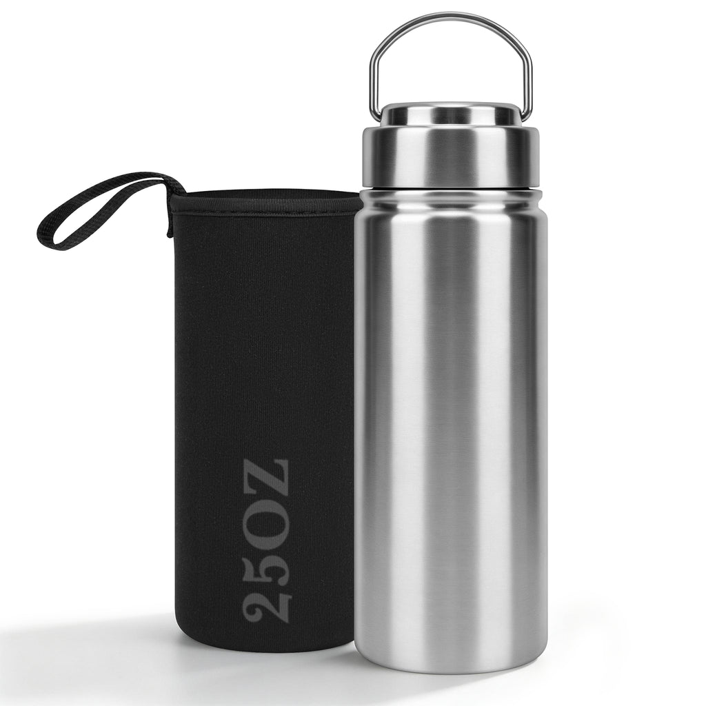 Linkidea 25oz Single Wall 304 Stainless Steel Water Bottle with Carry Pouch, Non-Insulated Wide Mouth Sports Bottle with Handle, Dishwasher Safe
