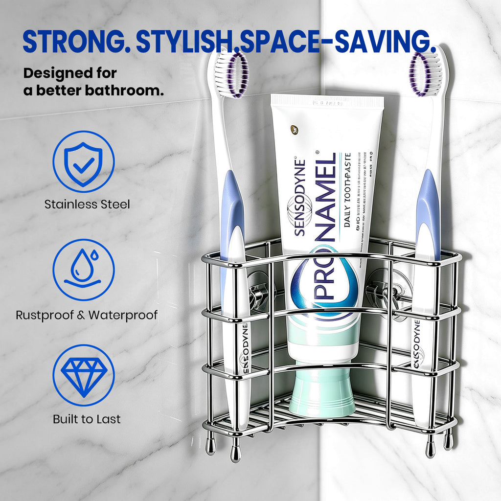 Linkidea Corner Wall Mount Toothbrush Holder for Bathroom, Stainless Steel Triangle Shelf for Tile Walls, Self Adhesive Electric Brush Toothpaste Organizer (Silver)