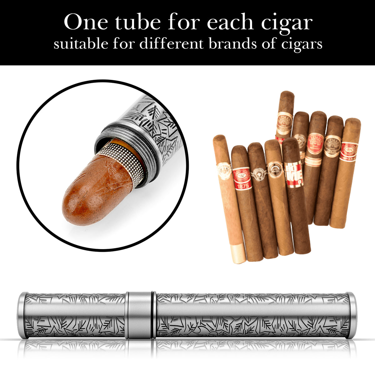 Linkidea Zinc Alloy Vintage Leaves Stripe Pattern Cigar Holder Case, Airtight Single Tube, Portable Travel Cigar Case Compatible with 50 Ring Gauge Cigars (Silver)
