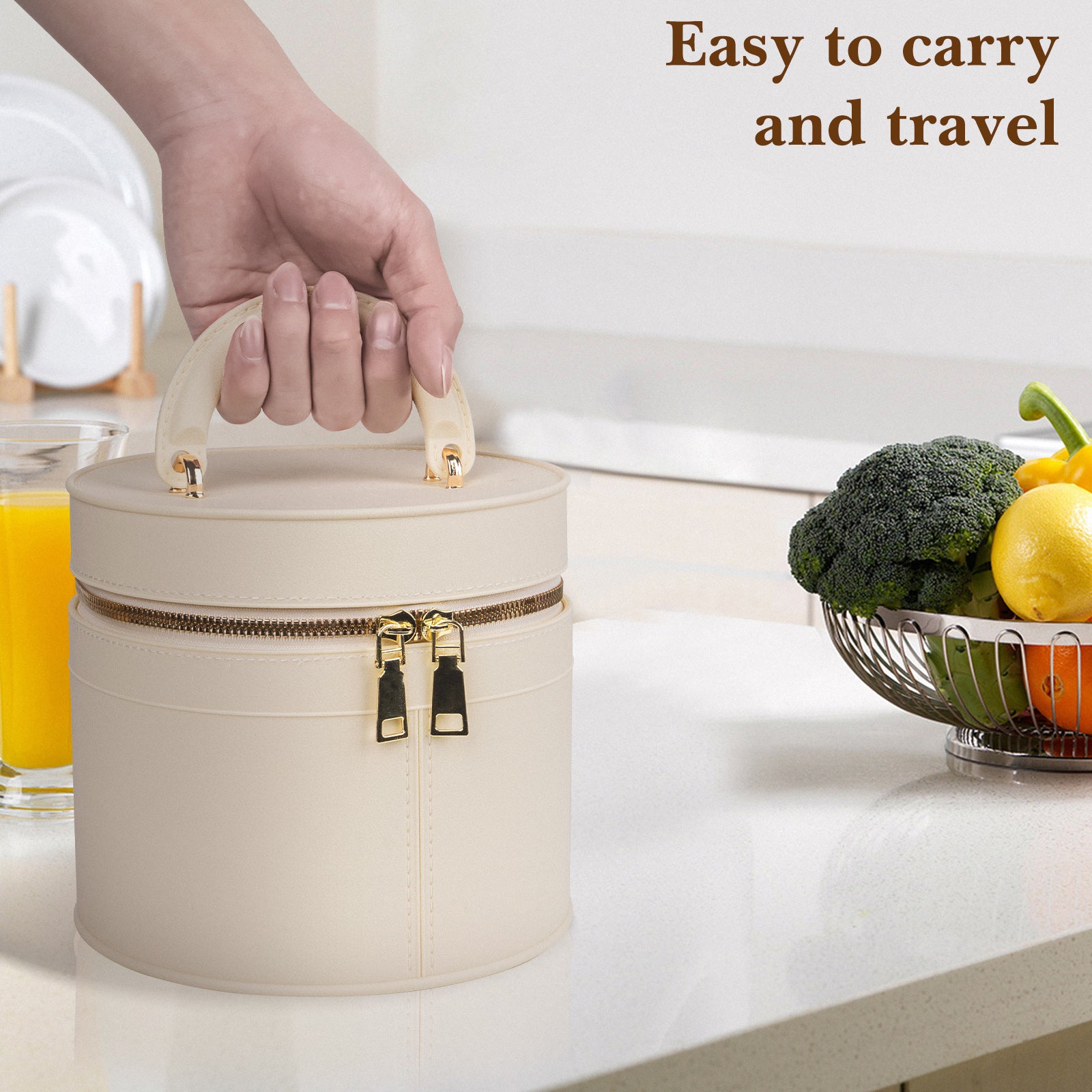 Linkidea Round Insulated Lunch Box, Hard Shell Waterproof Lunch Storage Box with Hand Strap, Compatible with 20 oz Crock Pot (Beige)