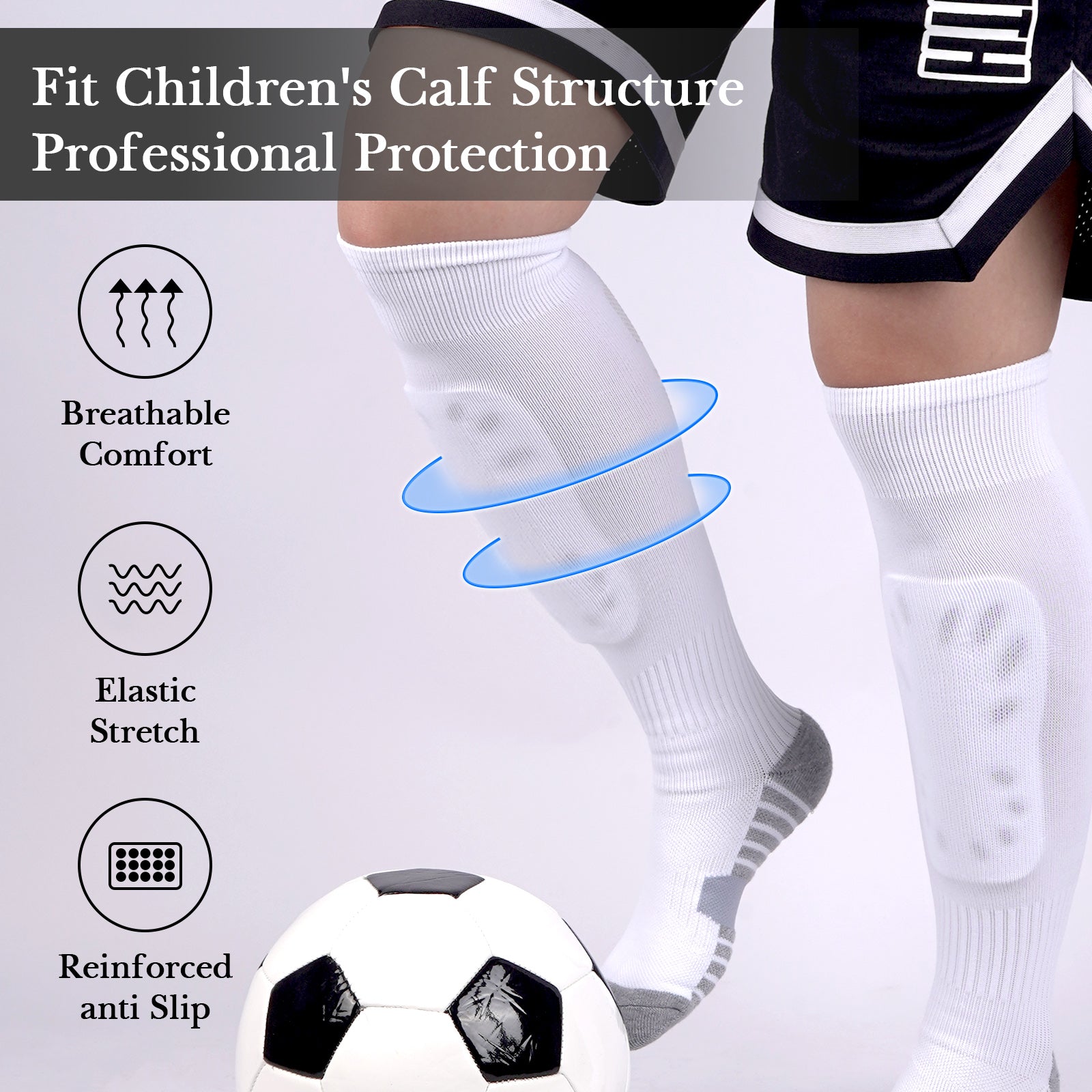 Linkidea Kids Soccer Socks with Shin Guards, 2 Pairs Breathable Knee High Socks with Lightweight Shin Pads, Long Sleeve Cushion Socks for Child 7-9 Years Over the Calf Soccer Socks (White&Red, M)