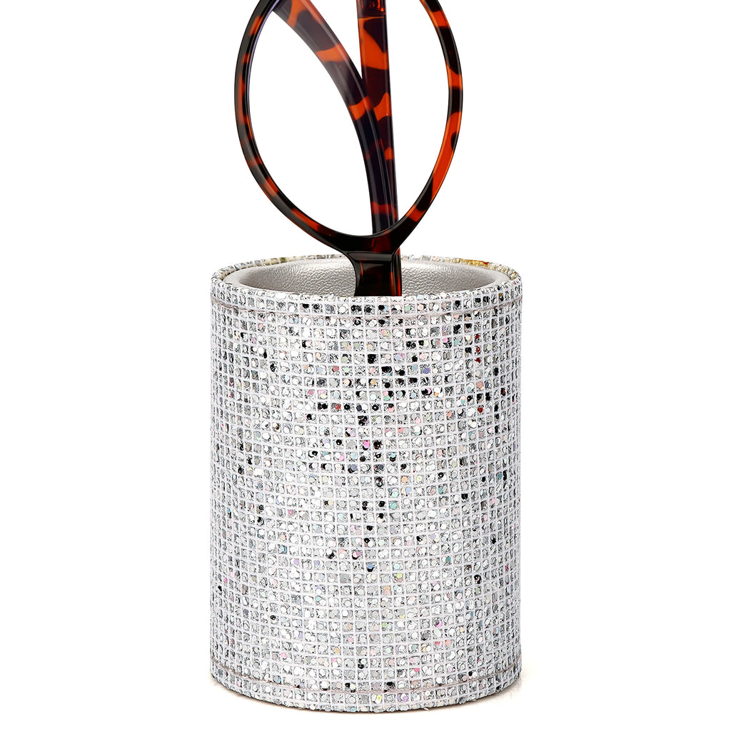 Reading Glasses Desk Holder Stand, Vegan Leather Lined Eyewear Display Storage for Nightstand Office Organizer (Small, Silver)