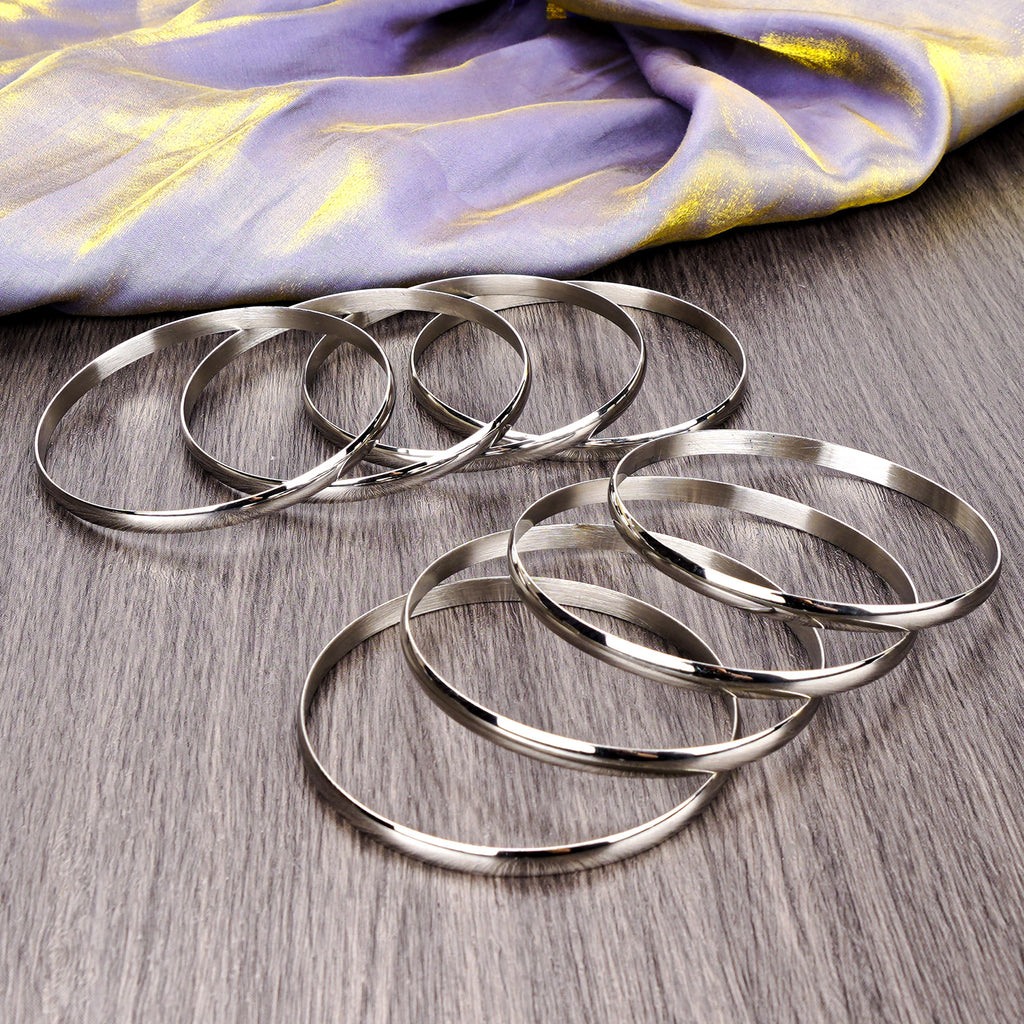 80 mm (3.15") XXL Bangle Set for Women, 6 mm Wide Silver-Tone Stainless Steel Stackable Bracelets - Fits Palm Width 110-118 mm