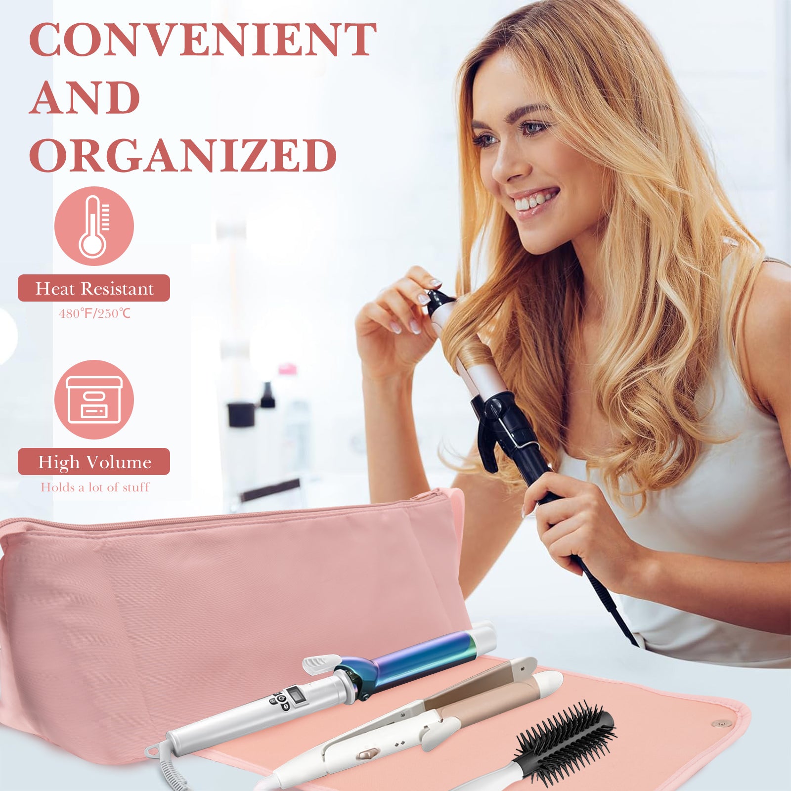 Linkidea Travel Bag and Heat Resistant Mat, Portable Travel Essentials Travel Organizer for Women, Hair Tools Storage Bag Gift for People Who Travel a Lot (Pink)