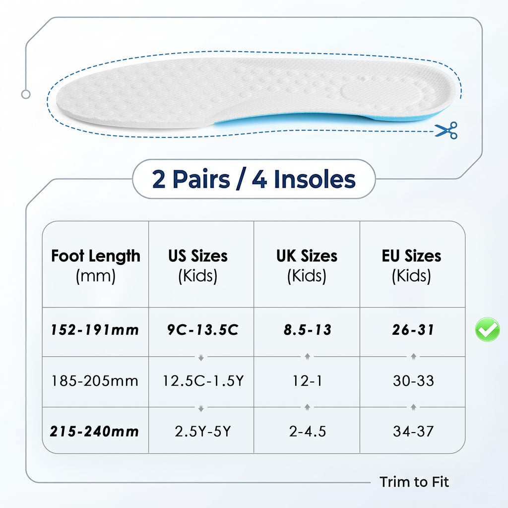 Linkidea 2 Pairs Memory Foam Sports Replacement Insoles for Kids, Cushioning & Support for Daily Use, Trim to Fit US 9C-13.5C, UK 8.5-13, EU 26-31