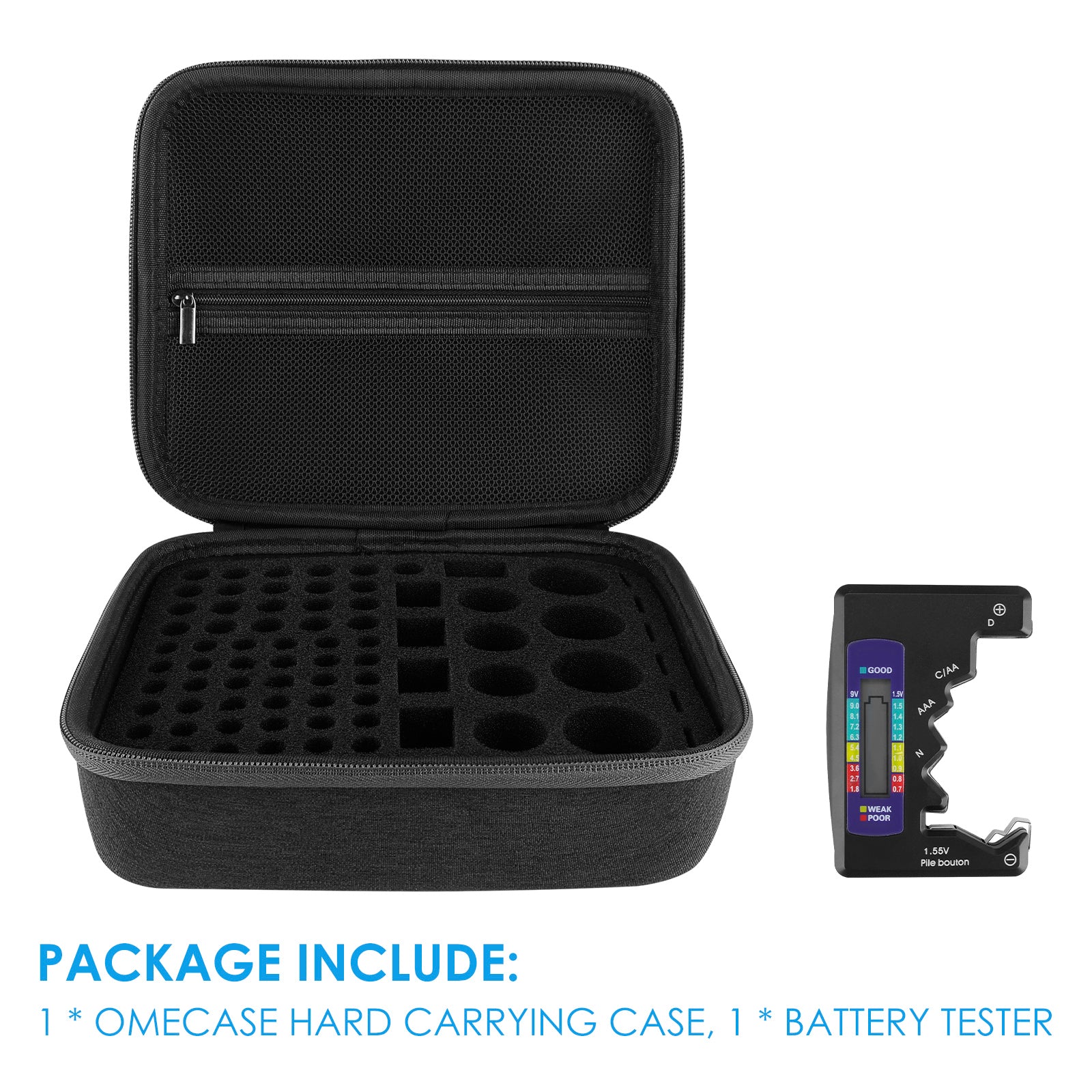 Linkidea Hard Battery Storage Container, Organizer Box with Tester BT-168, Safe Carrying Battery Case Holder - Holds 76 Various Sizes AA AAA 9V C D Batteries with Battery Tester