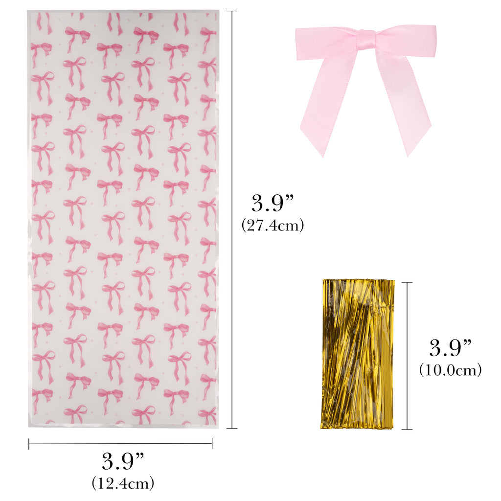 Linkidea 100 Pcs Clear Cellophane Treat Bags with 100 Pink Pre-Tied Bow Twist Ties, 5x7 Inch Food Grade Candy Cookie Goodie Bags for Birthday Party Favor, Wedding, Bakery Gift Wrap