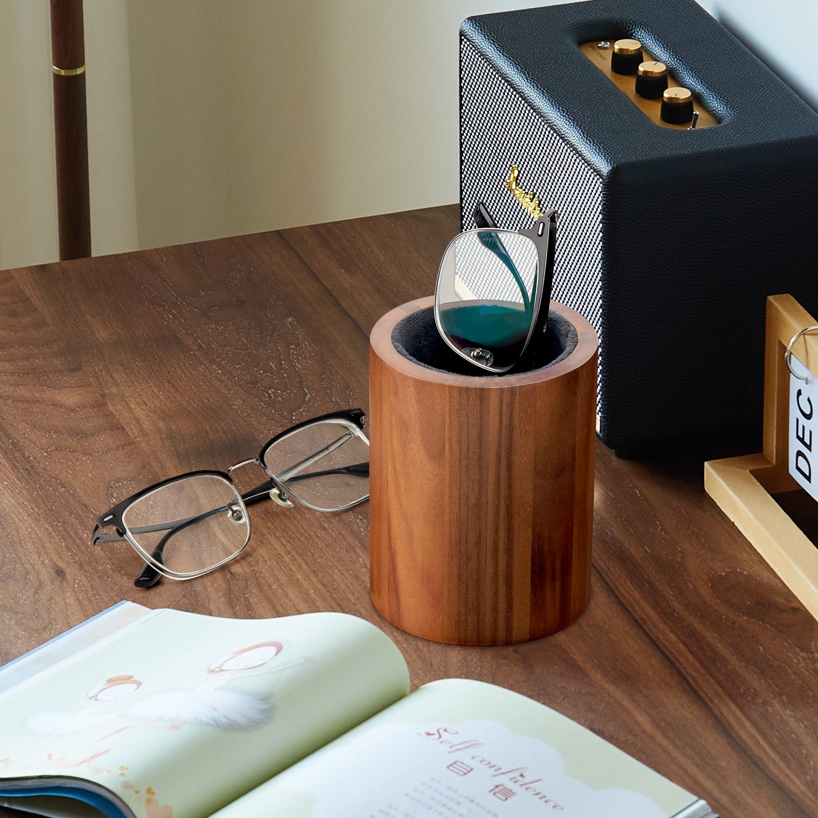 Eyeglasses Desk Holder Stand, Wood Reading Glasses Holder for Nightstand Plush Lined, Glasses Storage Compatible with Muse Eloquence Decode Ottoto Ellsworth Weston Commander (Brown)