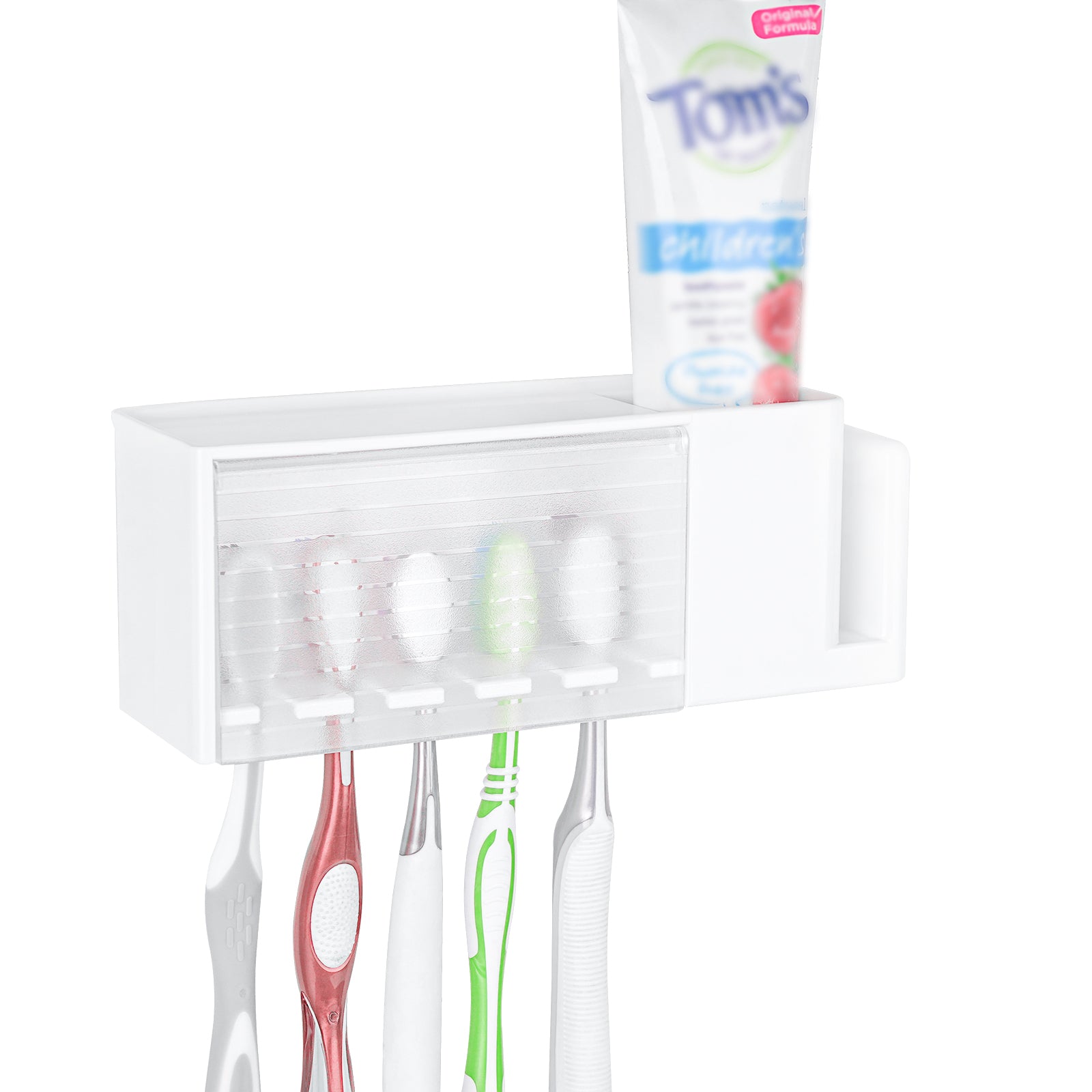 Linkidea 5 Slots Wallmount Toothbrush Holder with Cover for Shower, Plastic Multifunctional Toothpaste Toothbrush Organizer Compatible with Oral-B Cross Action, Colgate Renewal(White)