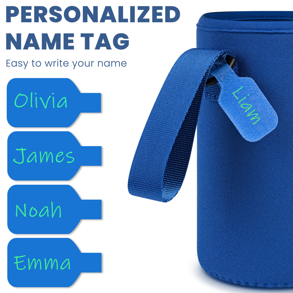 Linkidea Water Bottle Sleeve Compatible with Thermos FUNTAINER Tritan 16oz, Steel 12oz, Kids Bottle Holder Bag with Name Tag, Navy Blue