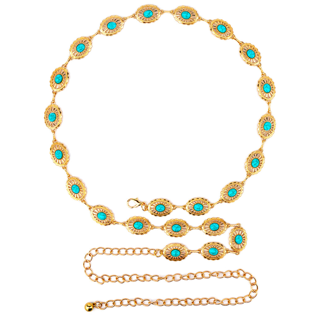 Plus Size Chain Belt for Women, Turquoise Stone Gold Metal Chain Belt Women Belly Waist Chains, Extra Long Body Chain, 59 Inch Adjustable Chunky Belt Chain