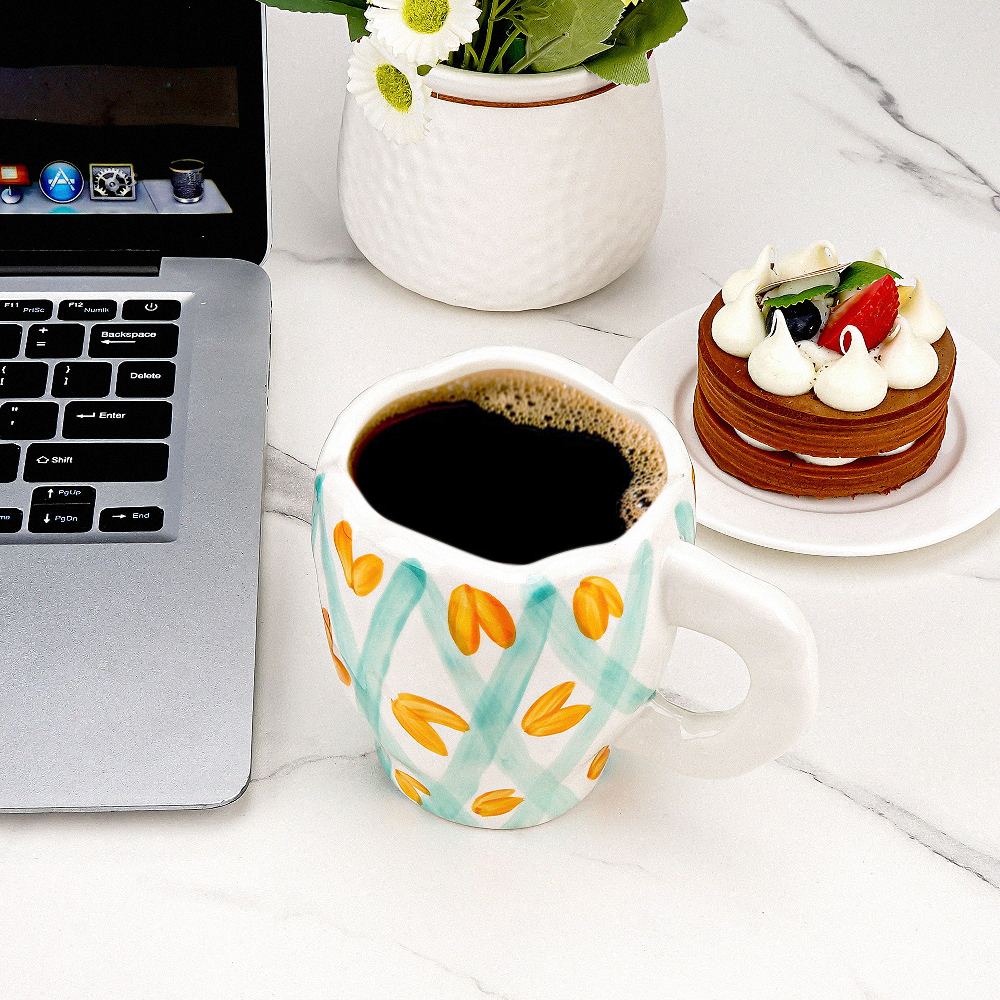 Linkidea Ceramic Coffee Mug, 12oz/350ml Hand-Painted Irregular Coffee Cup, Novelty Teacups with Handles for Beer, Latte, Hot Cocoa, Microwave and Dishwasher Safe (Green Heart Stripes)