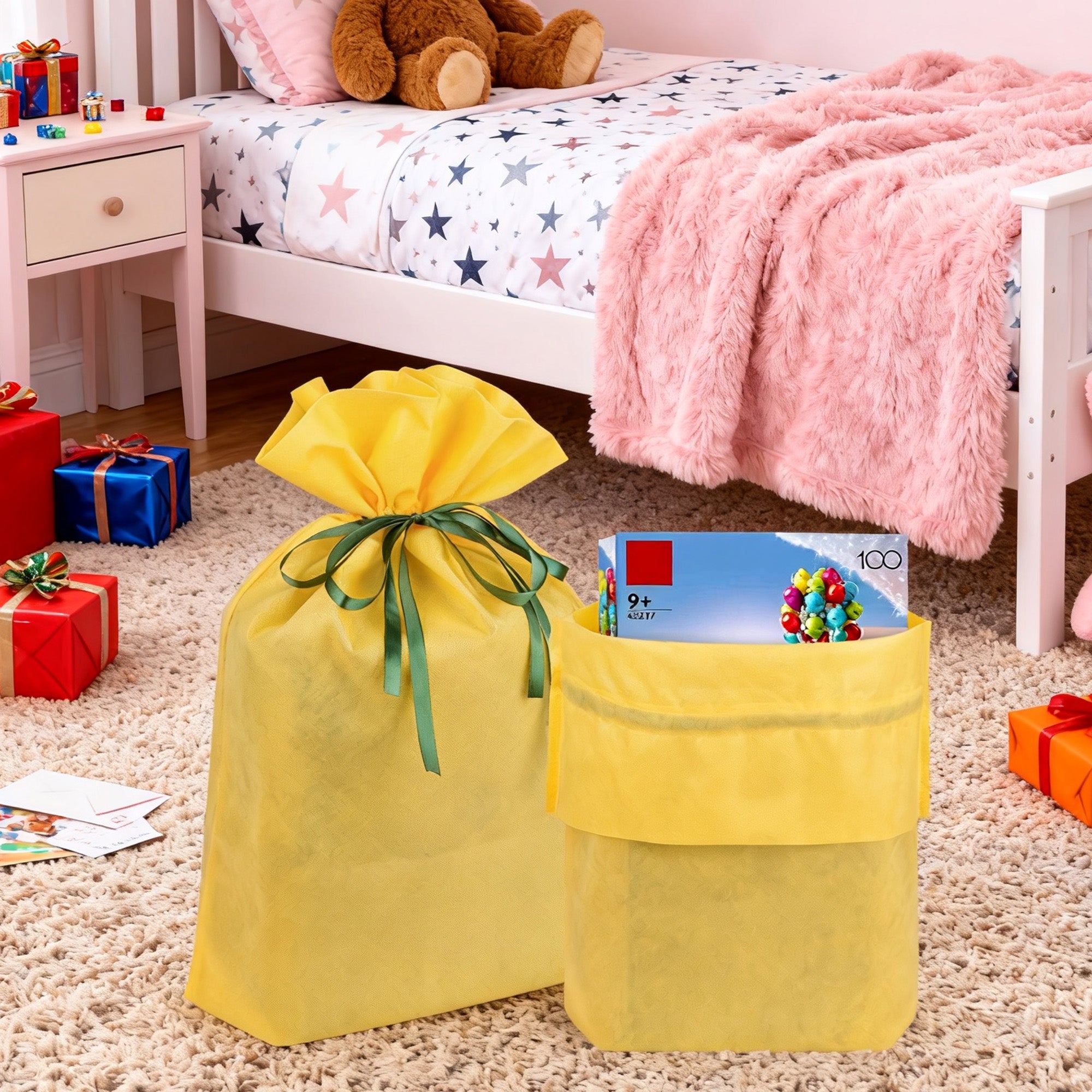 Linkidea 4 Pack Yellow Reusable Drawstring Gift Bags, Fabric Party Favor Bags for Birthday, Christmas, Holiday, Toy Storage Pouch for Building Blocks, Bricks, Goodie & Treat Bags (Yellow)