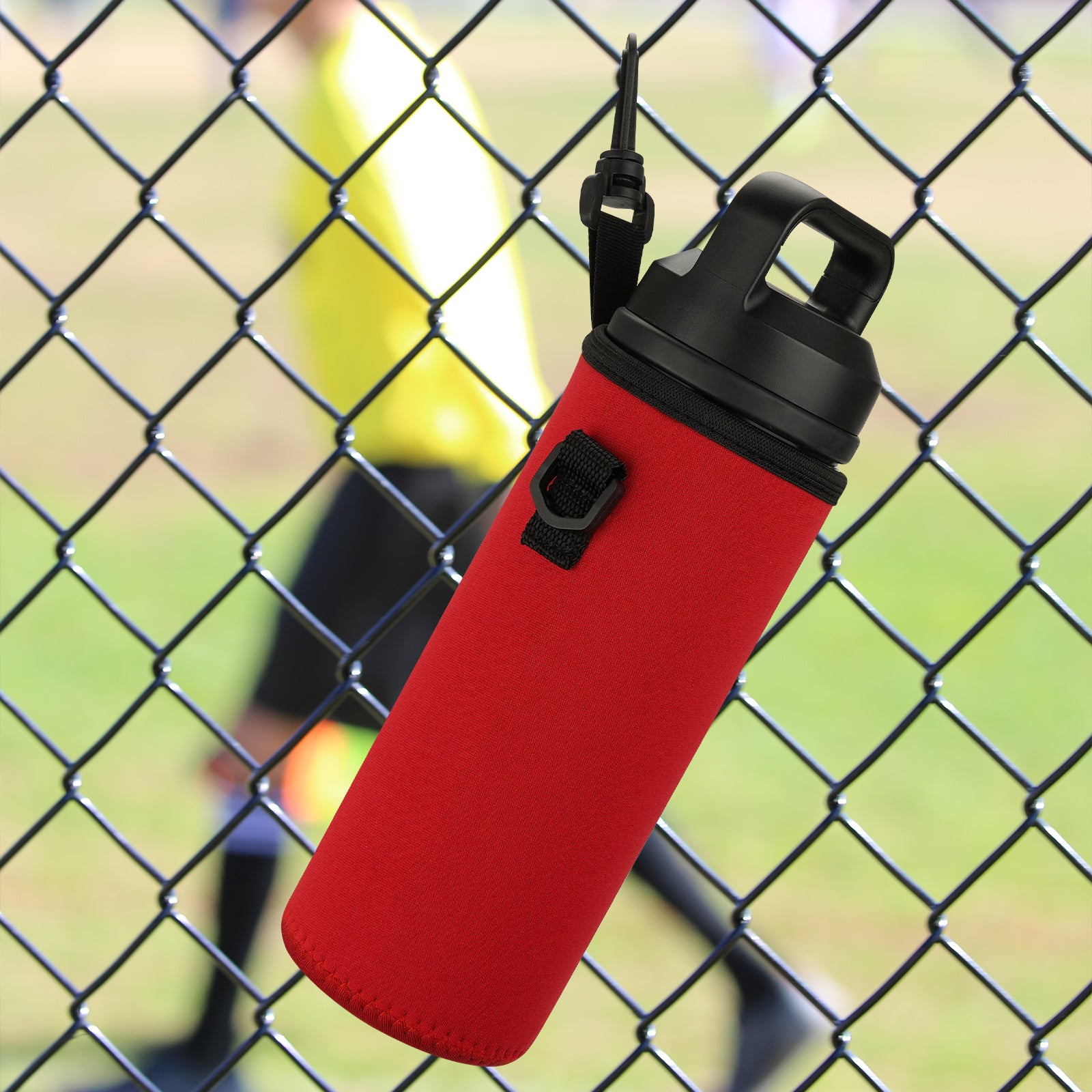 Linkidea Water Bottle Fence Sleeve with Hook Compatible with YETI Rambler Bottle 18oz, Hydro Flask Wide Mouth Bottle 18oz/20oz, Neoprene Bottle Shoulder Strap Bag for Outdoor Sports, Red