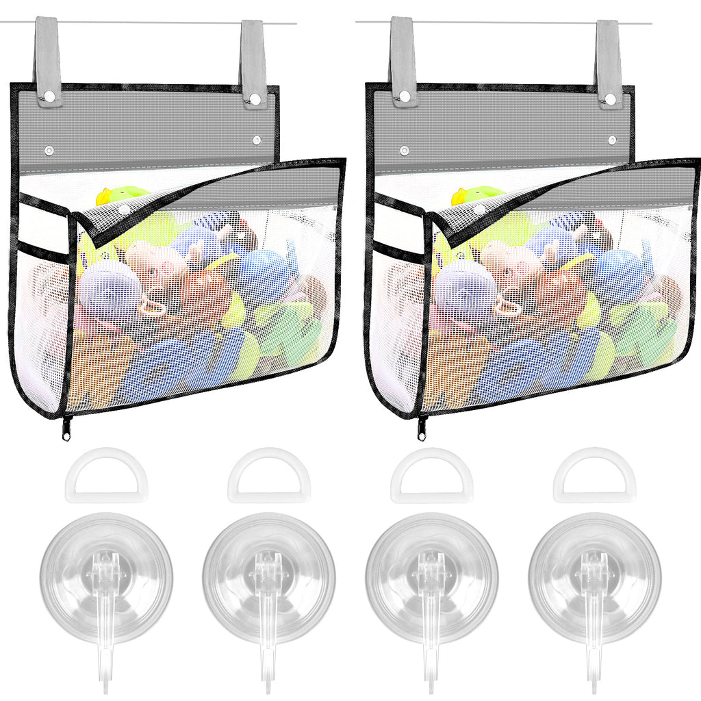 Linkidea 2 Pack Travel Mesh Bathroom Storage Bags, Portable Hanging Organizer Pouches with Suction Cup Hooks, Large Capacity for Toiletries, Bath Accessories, Shower, Camping, RV, Grey