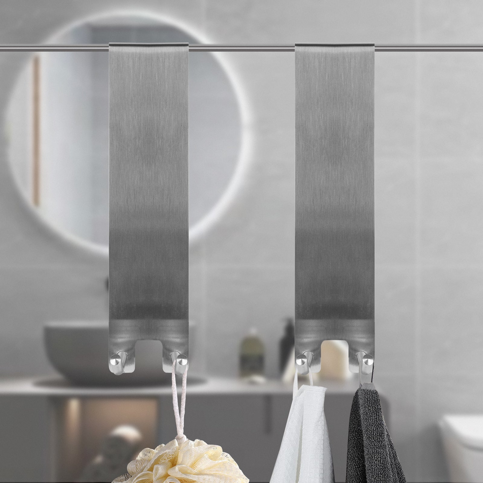 Linkidea 2 Pack Shower Over Door Hook, 7" Stainless Steel Extend Hook for Shower, Bathroom Hanger with Non-Slip Sponge Pad for Frameless Glass Doors (Silver)
