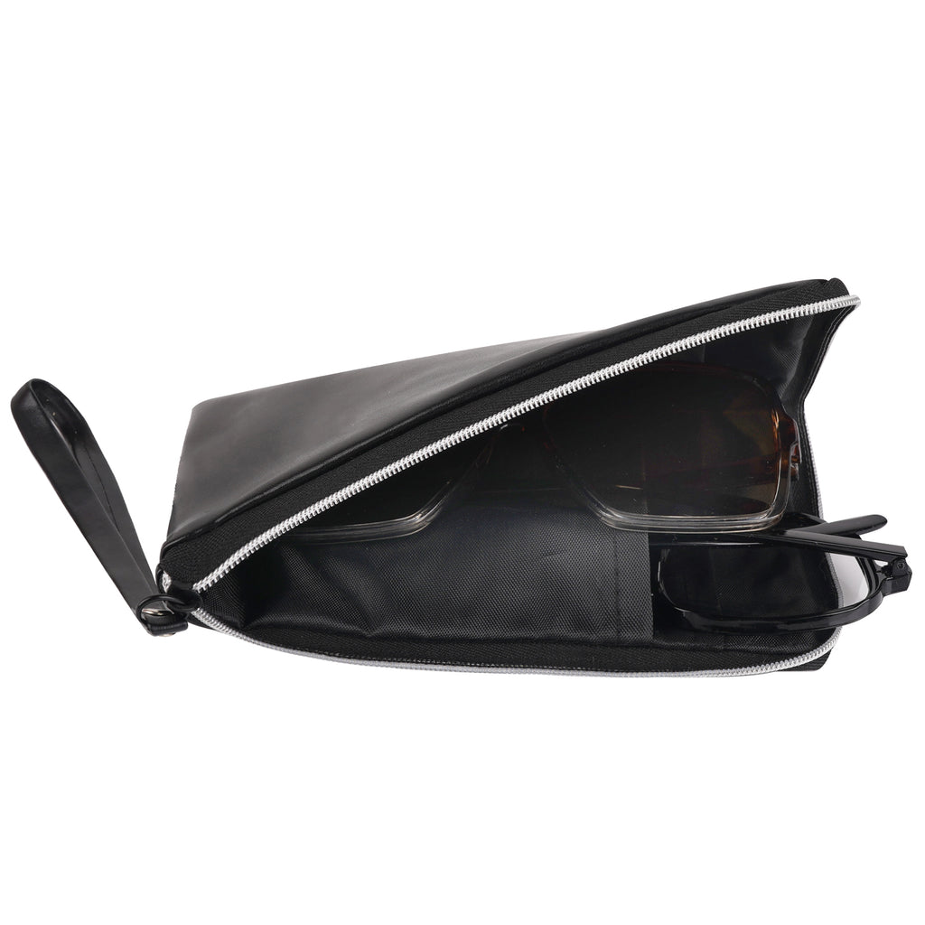 Large Sunglasses Pouch Case, Black Vegan Leather Eyewear Organizer Soft Bag Compatible with CELINE CL40227U Versace VE4395 Gucci GG0595S GG0875S