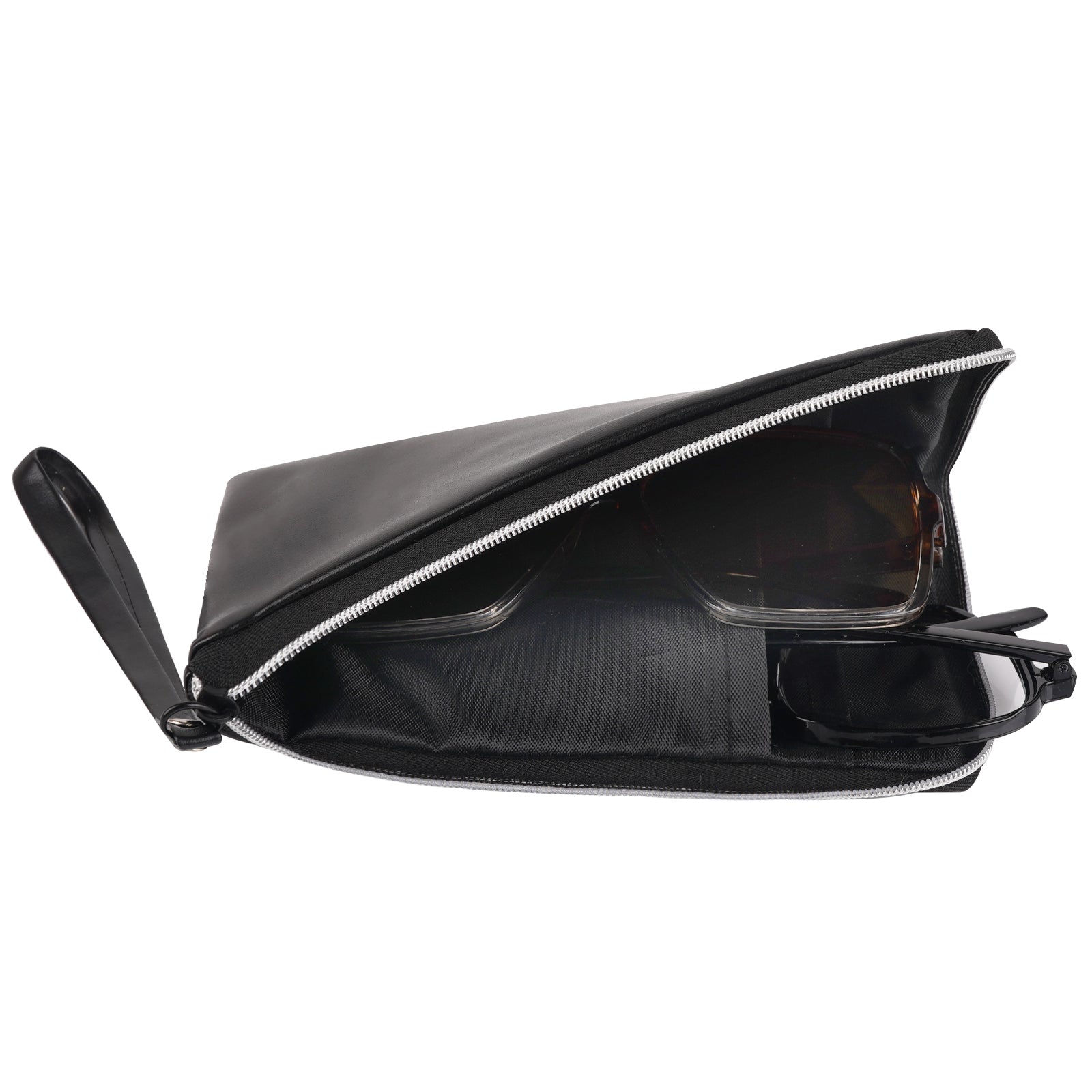 Large Sunglasses Pouch Case, Black Vegan Leather Eyewear Organizer Soft Bag Compatible with CELINE CL40227U Versace VE4395 Gucci GG0595S GG0875S