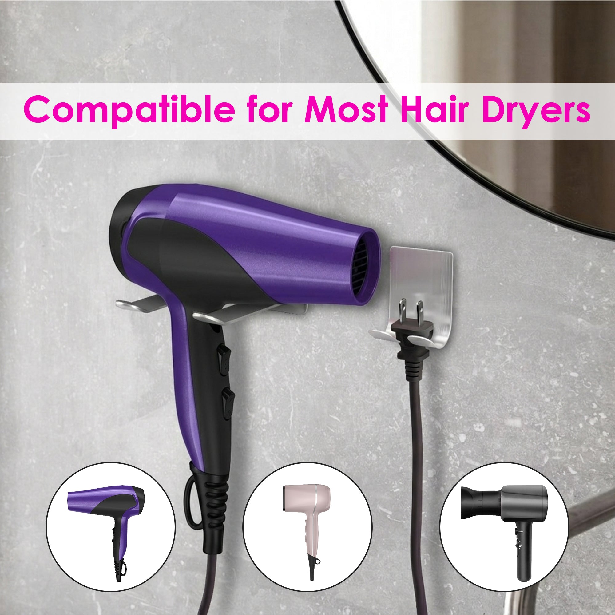 Linkidea Wall Mounted Hair Dryer Holder with Hooks, Screw or Self-Adhesive Organizer Stand, Compatible with Dyson Origin & Nural Series Hair Dryers (Silver)