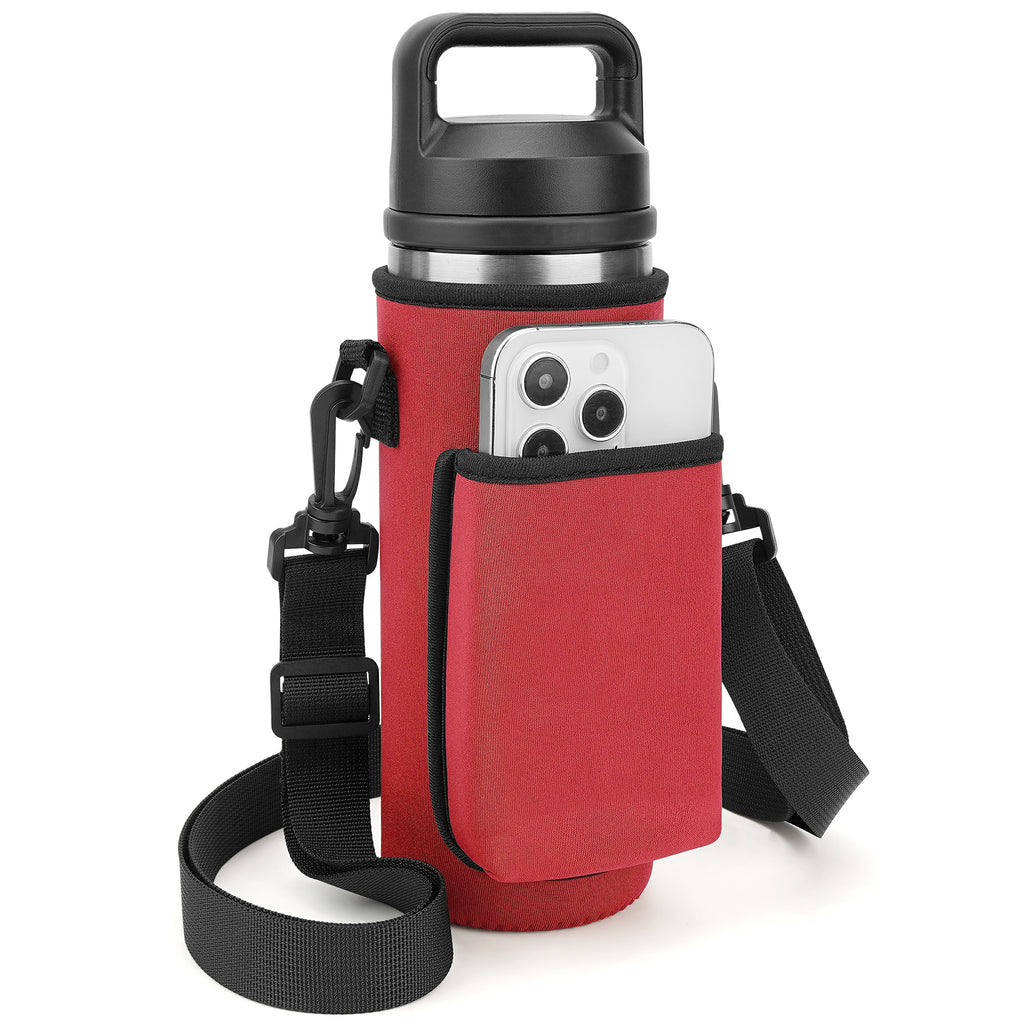 Linkidea Water Bottle Carrier with Strap Compatible with YETI Rambler Bottle 18oz, Yonder Bottle 600ml/20oz, Insulated Waterbottle Sling Bag, Shoulder Strap with Phone Pocket (Red)