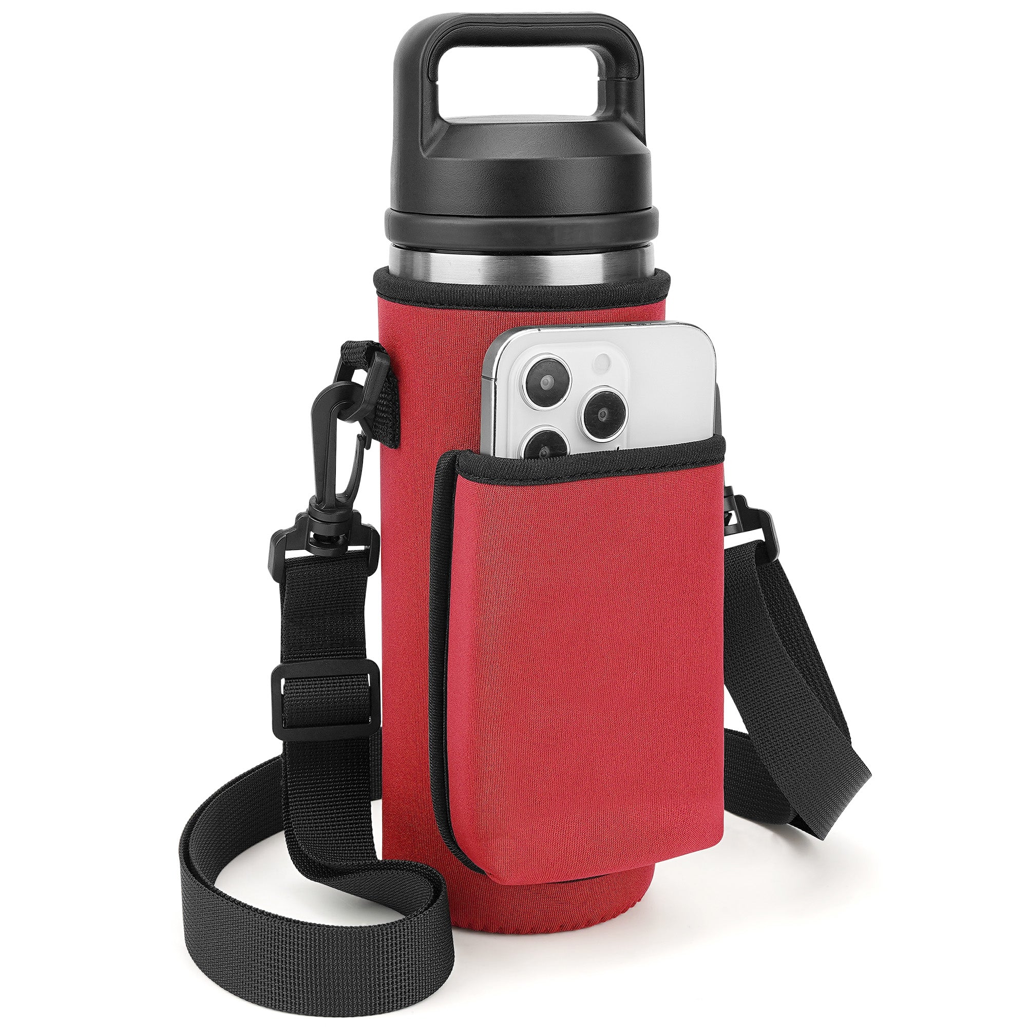 Linkidea Water Bottle Carrier with Strap Compatible with YETI Rambler Bottle 18oz, Yonder Bottle 600ml/20oz, Insulated Waterbottle Sling Bag, Shoulder Strap with Phone Pocket (Red)