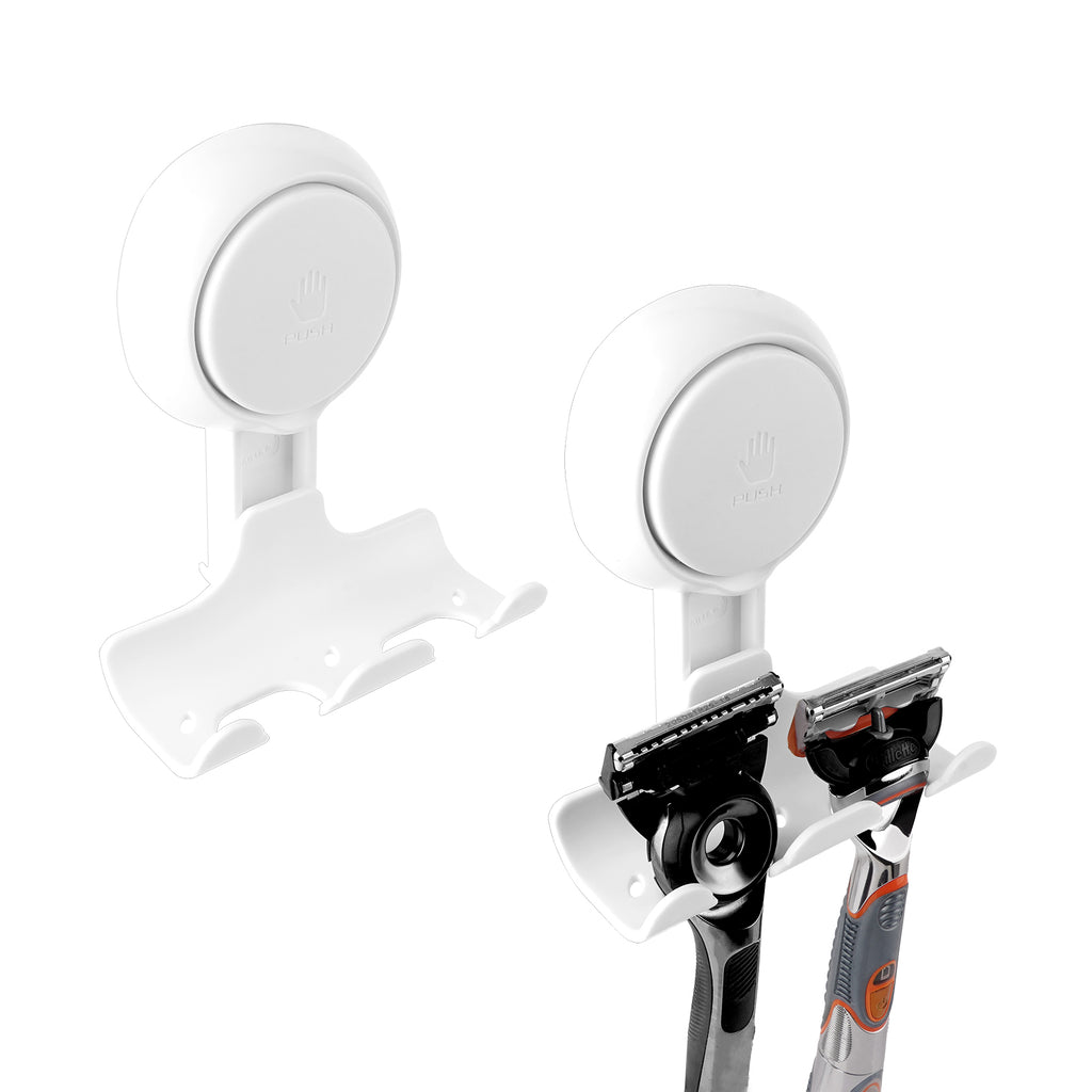 Linkidea 2 Pack Razor Holder for Shower Wall, Suction Cup Hooks Razor Holder, Removable and Reusable Shower Razor Holder , Compatible with Gillette Fusion 5 Power, Dorco, Harry's (White)
