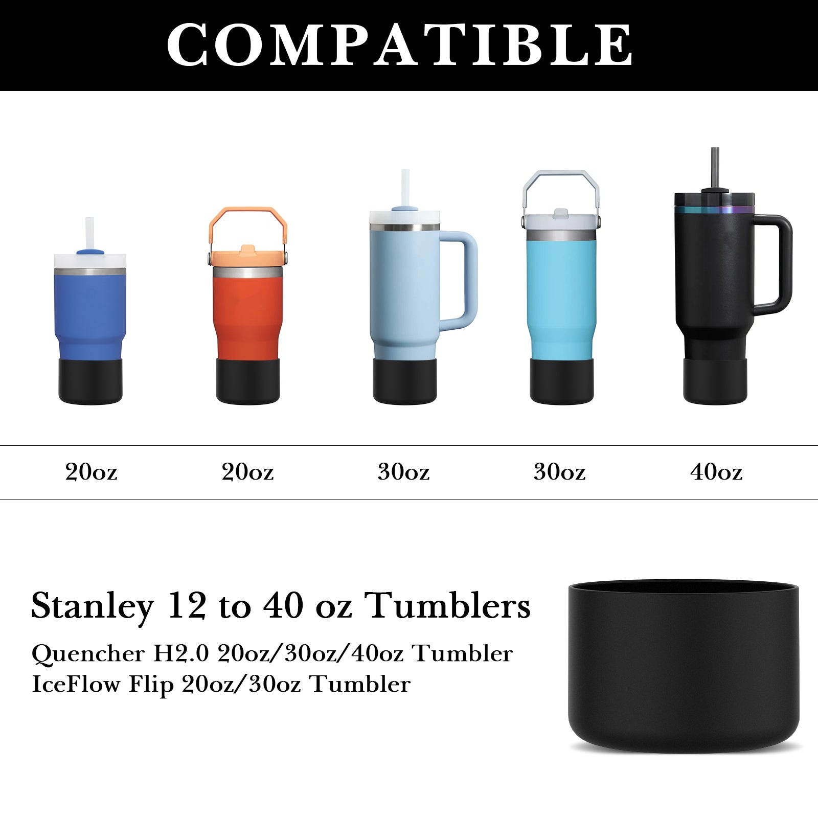 Linkidea 2 Pack Water Bottle Boot Compatible with Stanley Quencher H2.0 20oz/30oz/40oz, IceFlow Flip 20oz/30oz Tumbler, Silicone Bottle Bottom Sleeve Cover Bumper Protector (Black)
