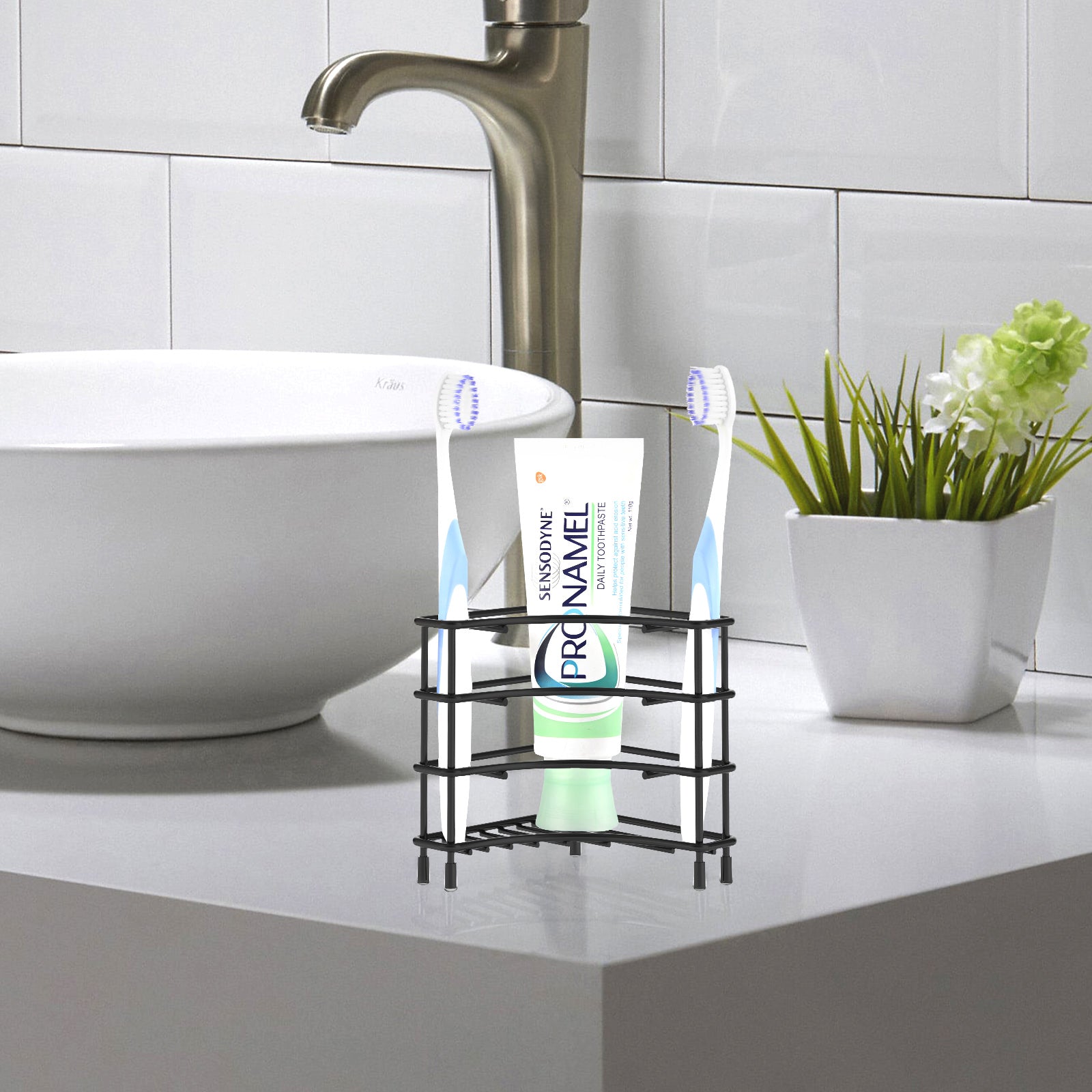 Linkidea Corner Wall Mount Toothbrush Holders for Bathroom, Stainless Steel Self Adhesive Triangle Corner Shower Shelf for Tile Walls, Electric Toothbrush Toothpaste Organizer (Black)