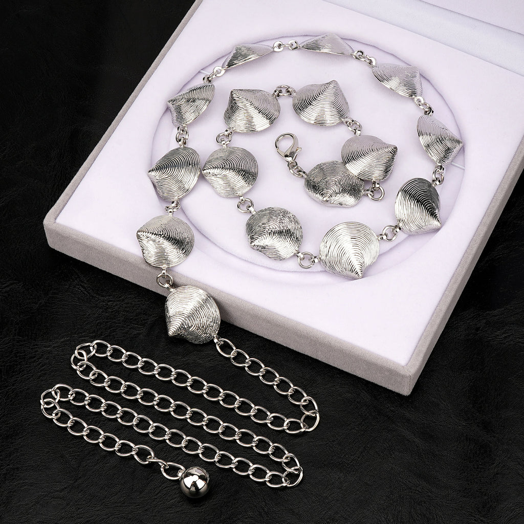 Plus Size Chain Belt for Women, Extra Large Metal Silver Shell Waist Belt, Max 47 Inch Adjustable Chunky Body Chain for Dresses, Party, Casual Wear, Fashion