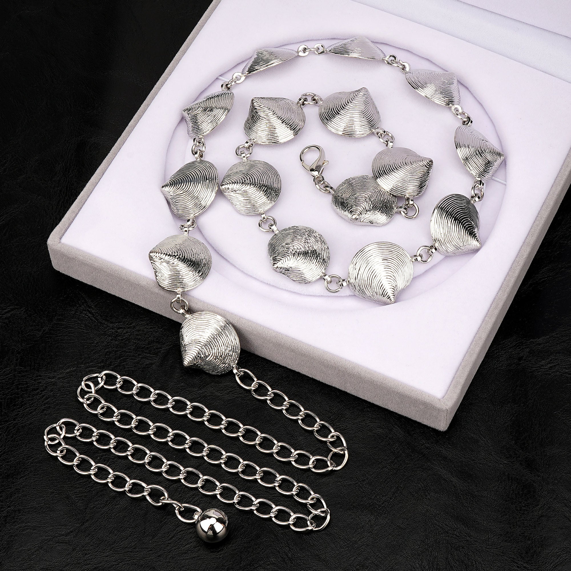 Plus Size Chain Belt for Women, Extra Large Metal Silver Shell Waist Belt, Max 47 Inch Adjustable Chunky Body Chain for Dresses, Party, Casual Wear, Fashion