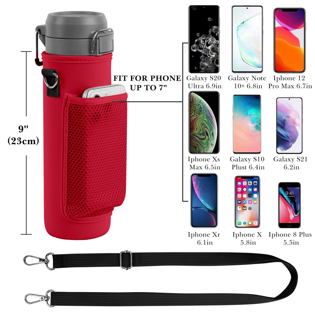 Linkidea Water Bottle Carrier with Strap Compatible with Stanley Quick Flip GO 24/36oz, IceFlow Fast Flow 24/36oz, Waterbottle Sling Bag Holder, Shoulder Strap with Phone Mesh Pocket, Red
