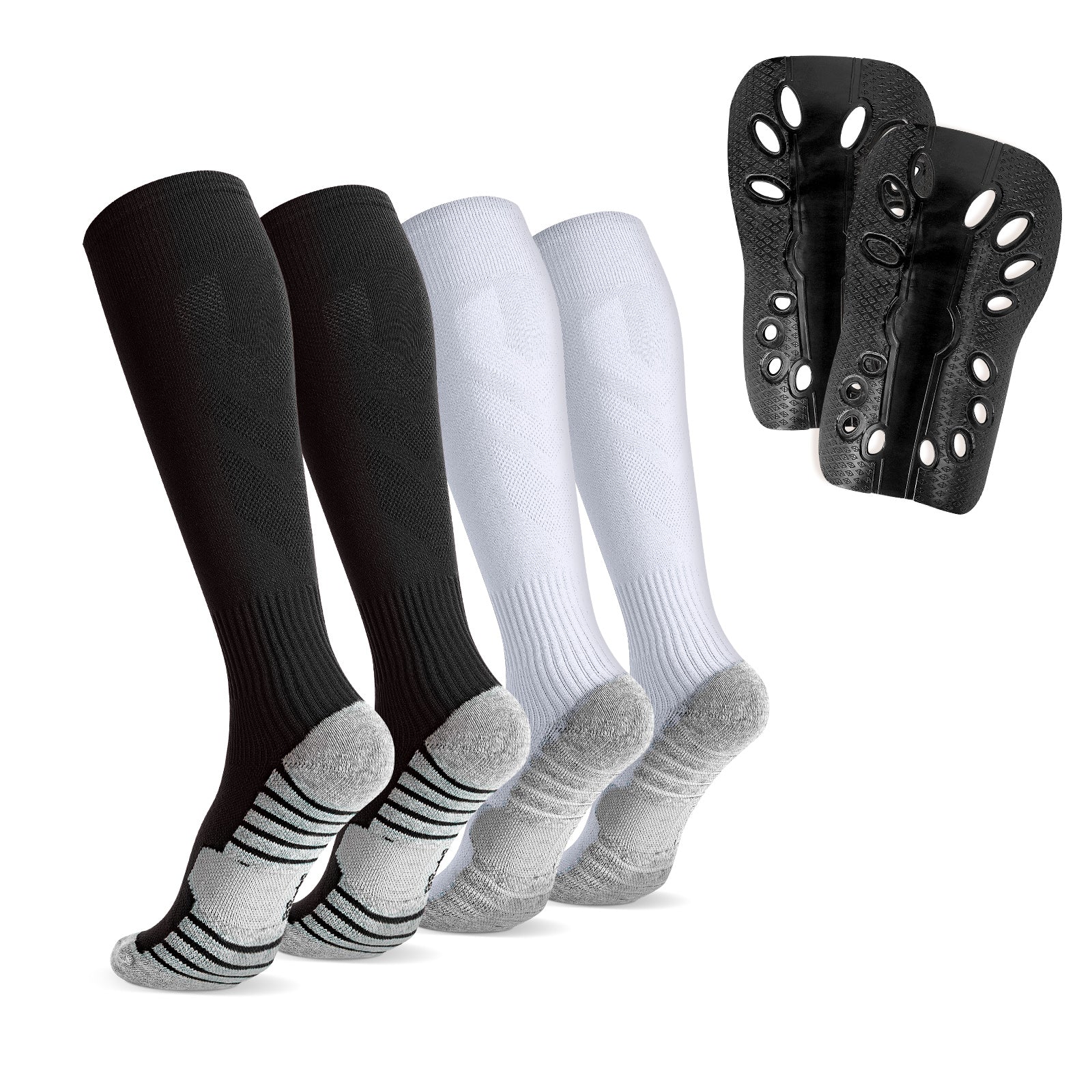 Linkidea Kids Soccer Socks with Shin Guards, 2 Pairs Breathable Knee High Socks with Lightweight Shin Pads, Long Sleeve Cushion Socks for Child 4-6 Years Over Calf Soccer Socks (Black&White, S)