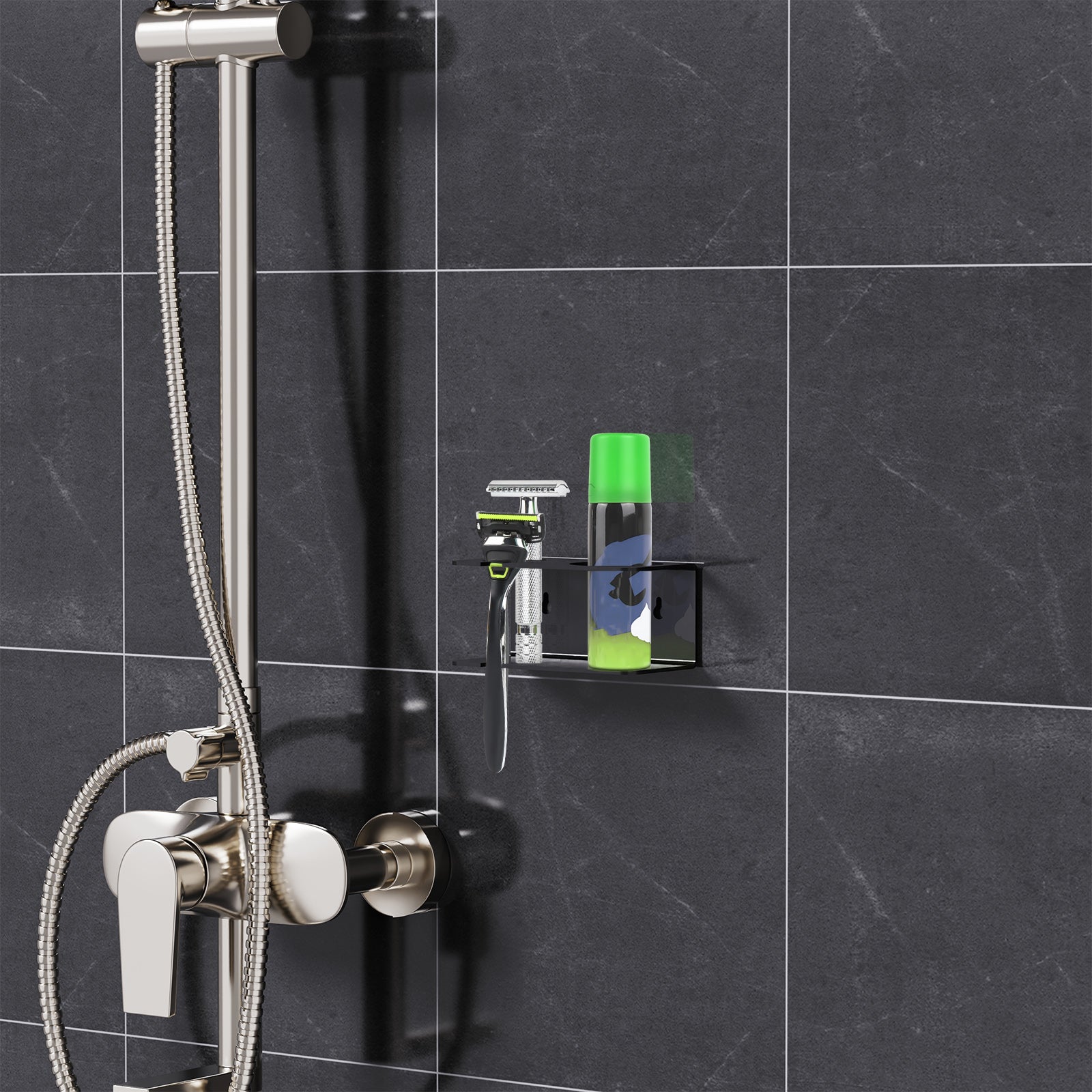 Linkidea Wall Mount Razor & Shaving Cream Holder for Bathroom & Shower, Self-Adhesive Shaver & Gel Storage Rack, Compatible with Vikings Blade Chieftain, Merkur Classic MK-23C (Black)