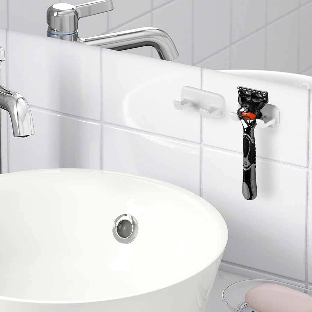 Linkidea 2 Pack Razor Holder with Self-Adhesive, Shower Hook for Razor, Bathroom Organizer for Shaver, Robe, Towel, Loofah, Compatible with Gillette Fusion 5 Power, Sensor 3(White)